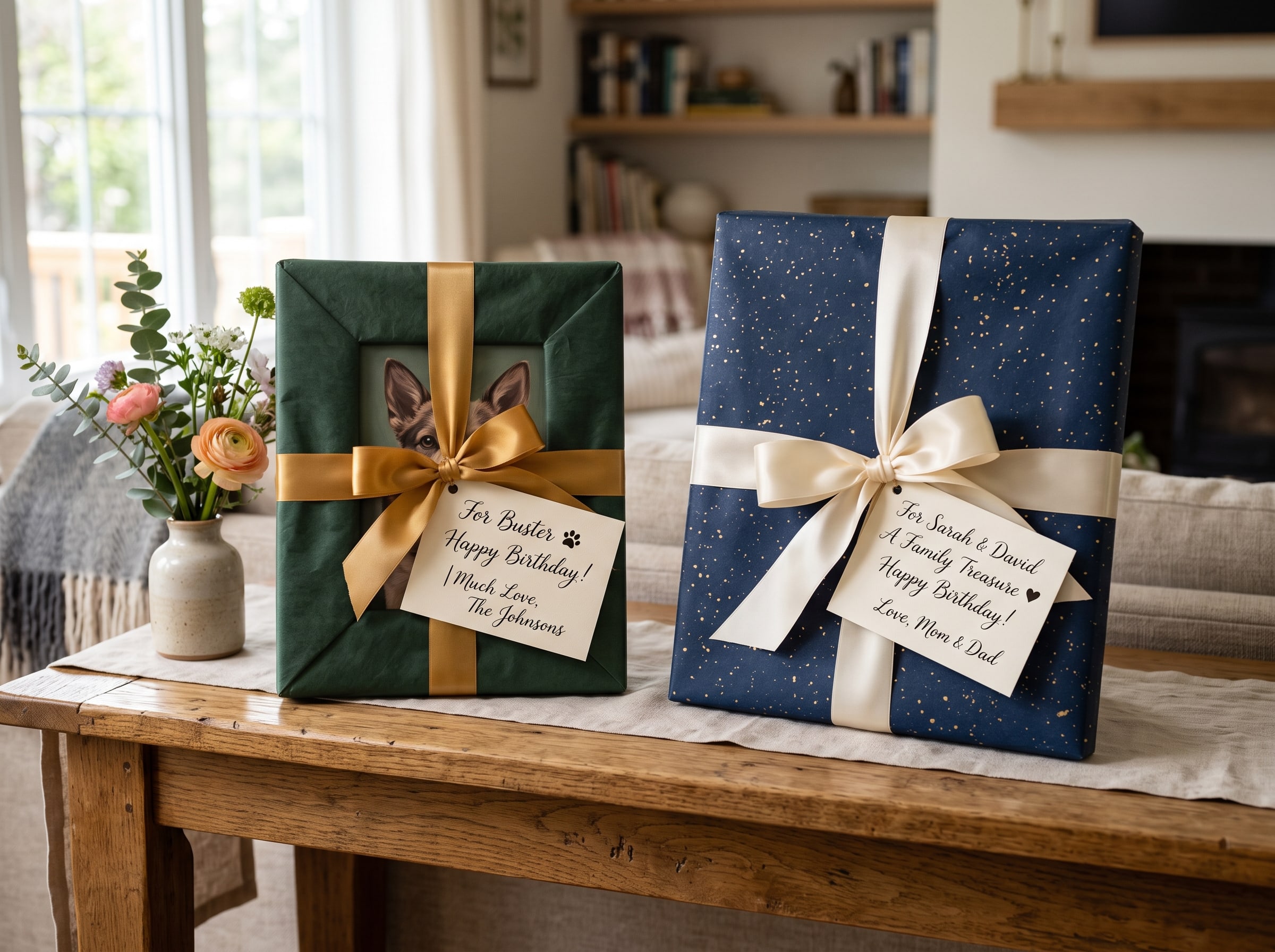 Framed AI pet portrait and family portrait wrapped as birthday gifts with ribbon and handwritten cards