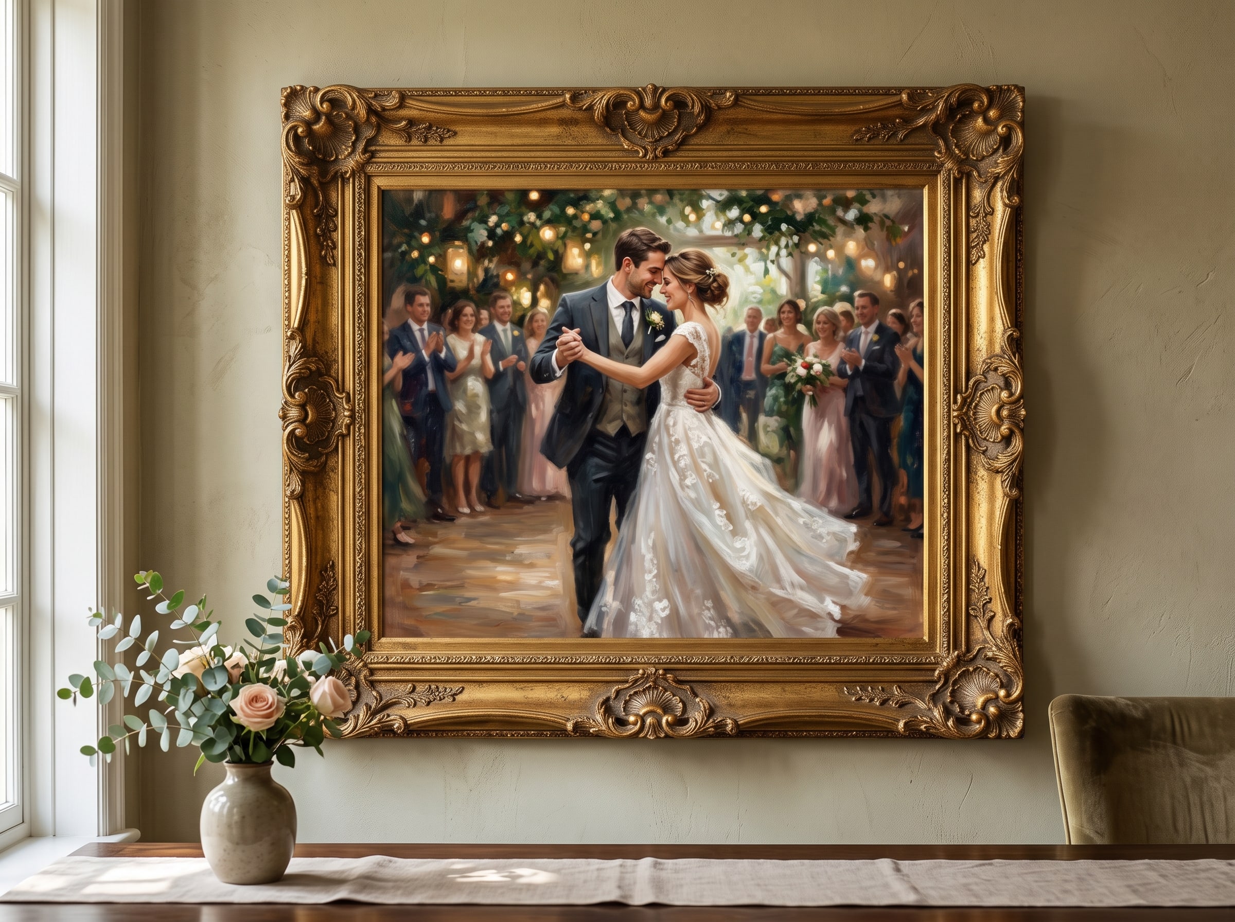 AI-generated classical oil painting of a couple from their wedding first dance, displayed in a gold frame
