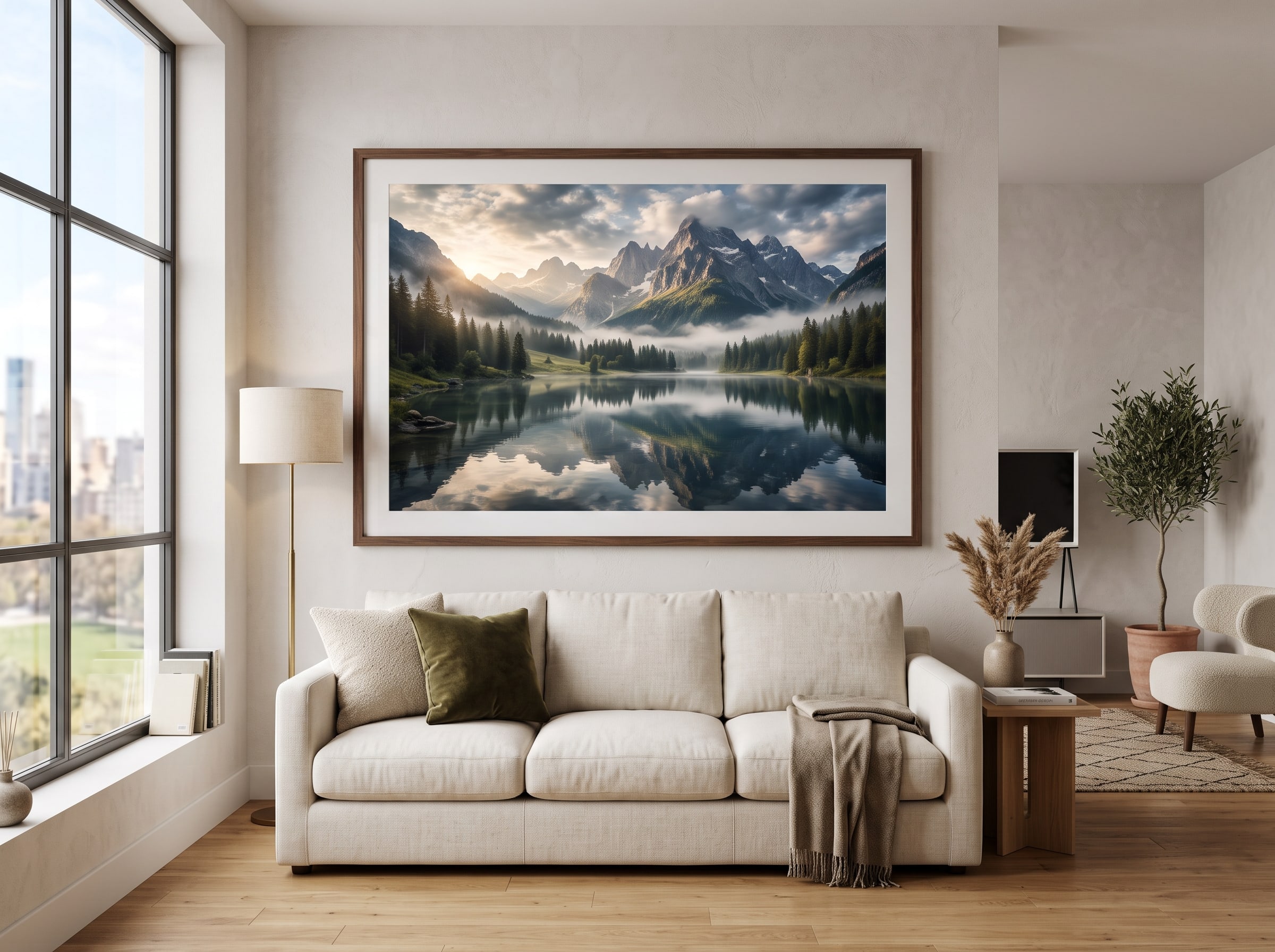 New apartment living room with a large personalized AI landscape print above an empty sofa
