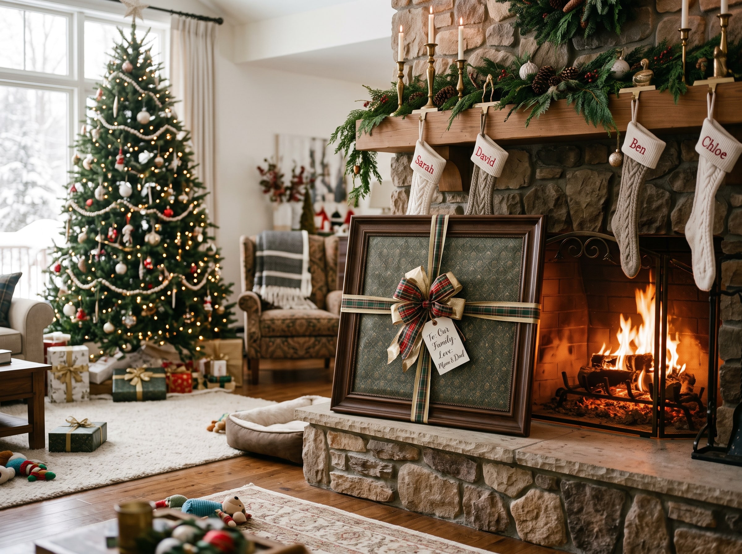 Christmas morning scene with a large wrapped framed family portrait leaning against the fireplace