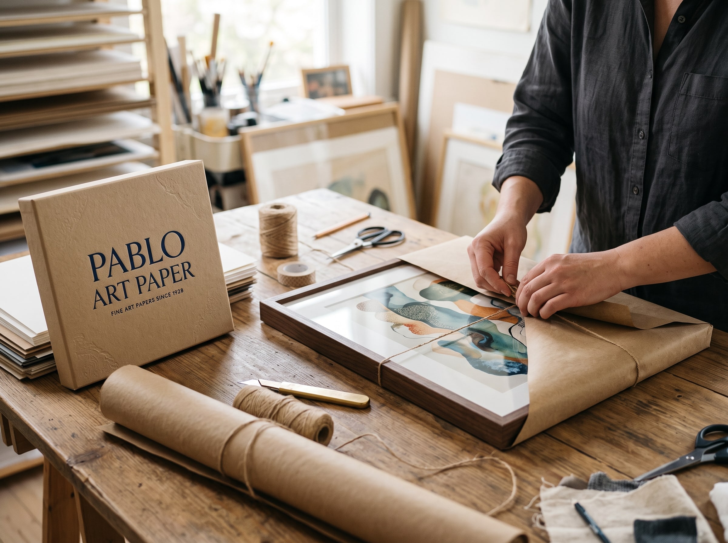 Hands wrapping a framed AI art print in kraft paper beside Pablo Art Paper packaging