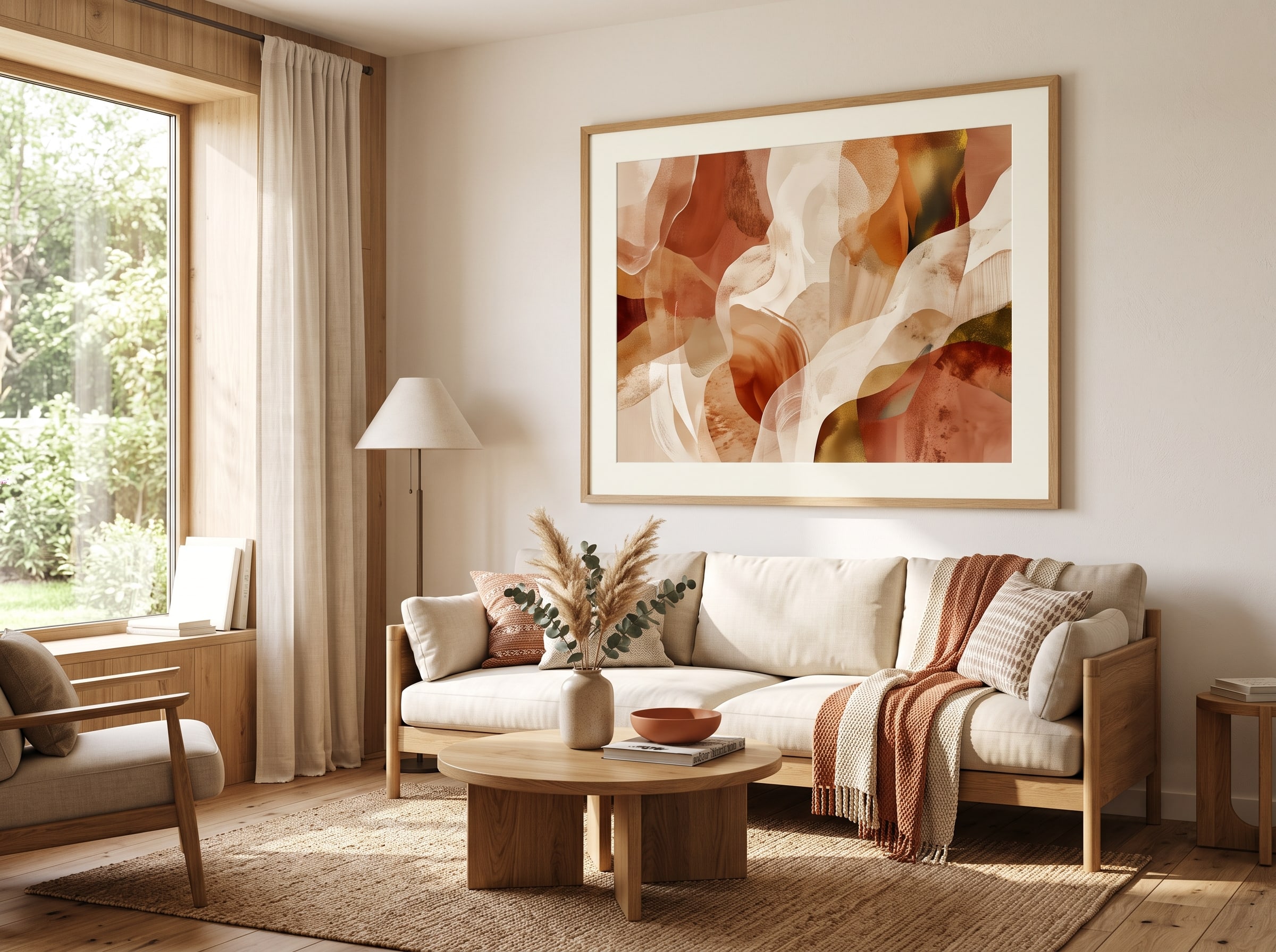 Sunlit living room with AI-generated abstract art in warm terracotta and cream tones