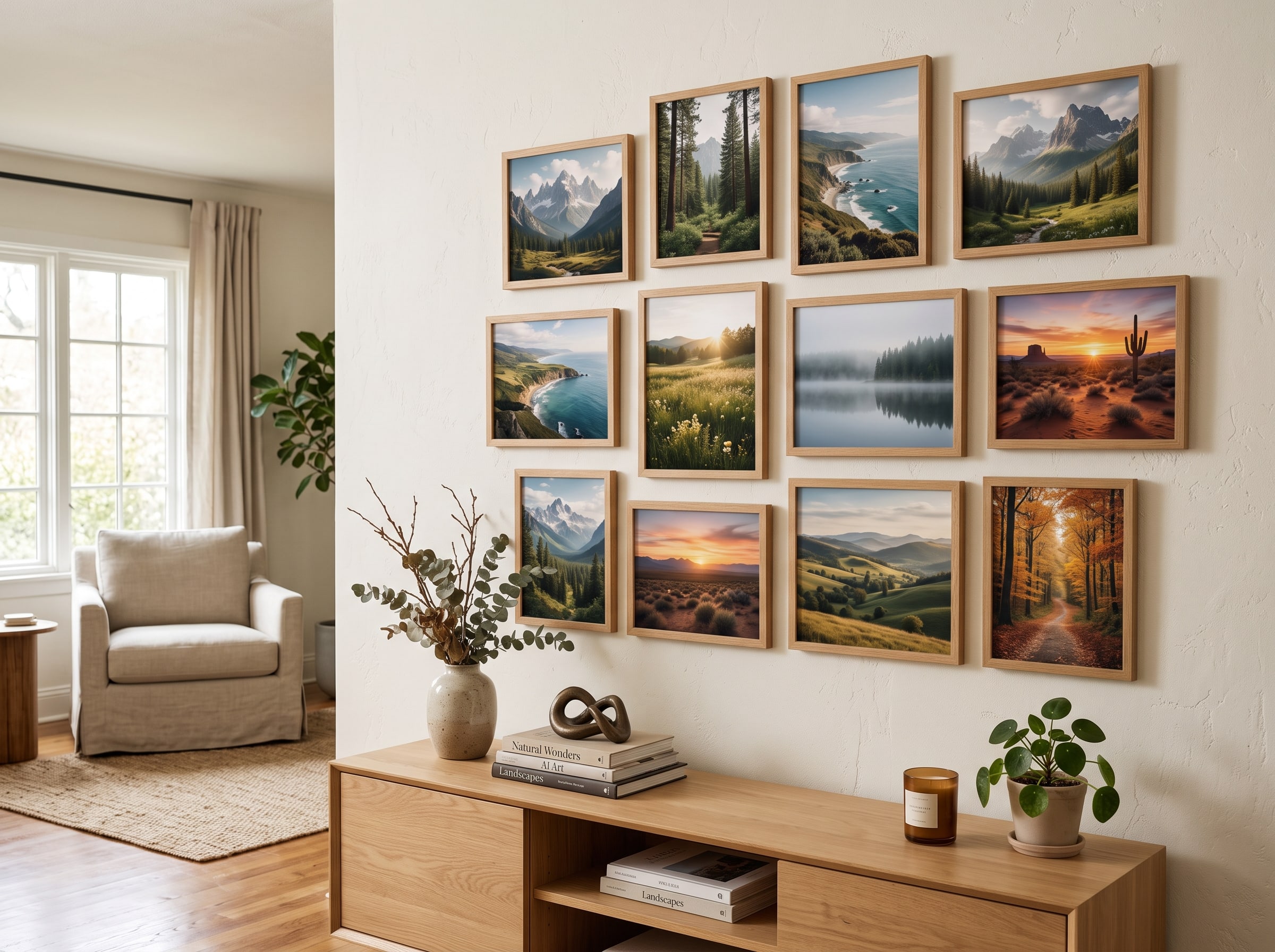 Gallery wall of AI-generated landscape prints in matching oak frames above a console table