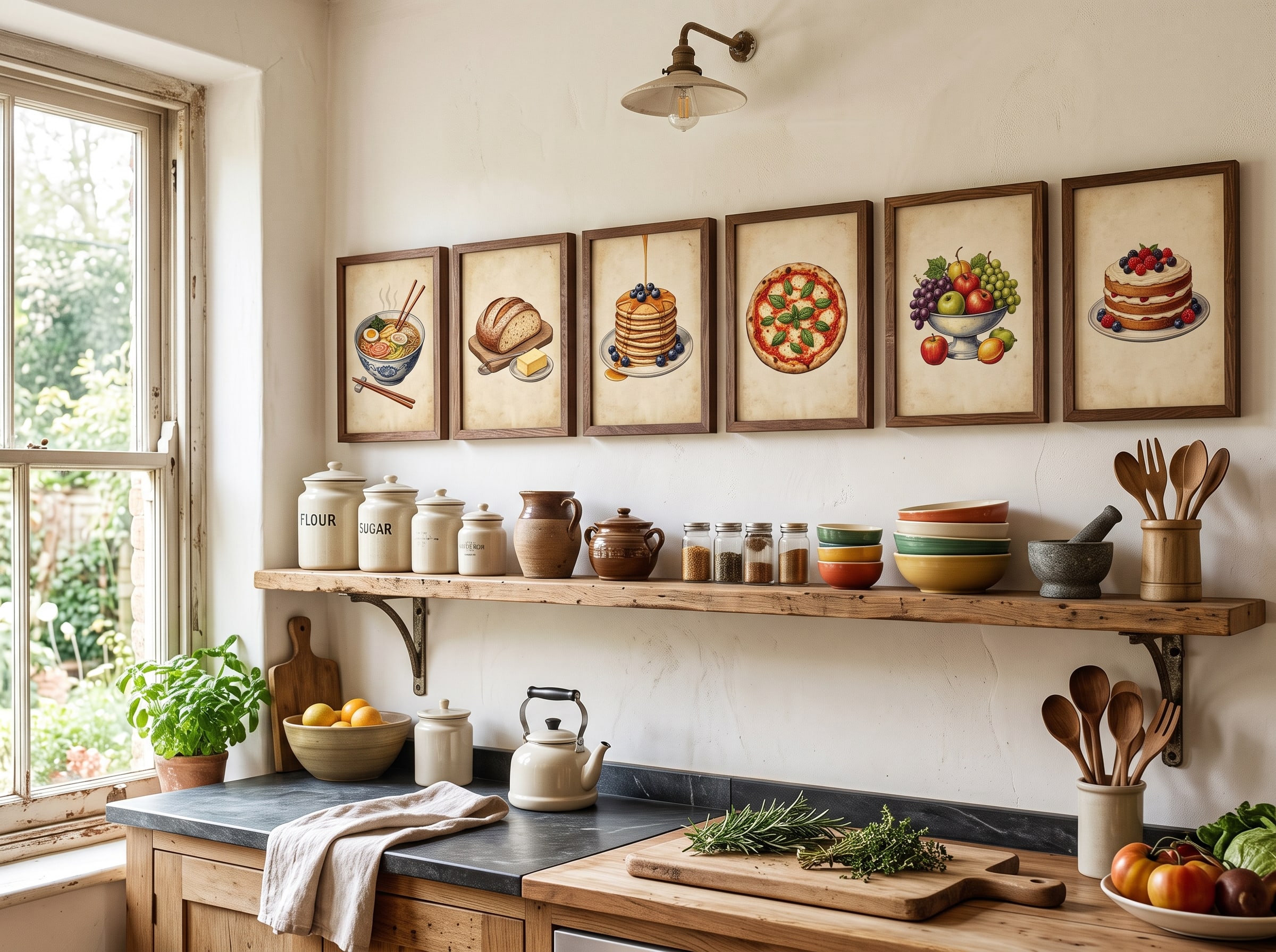 Bright kitchen with vintage-style AI food illustration prints in a row above open shelving