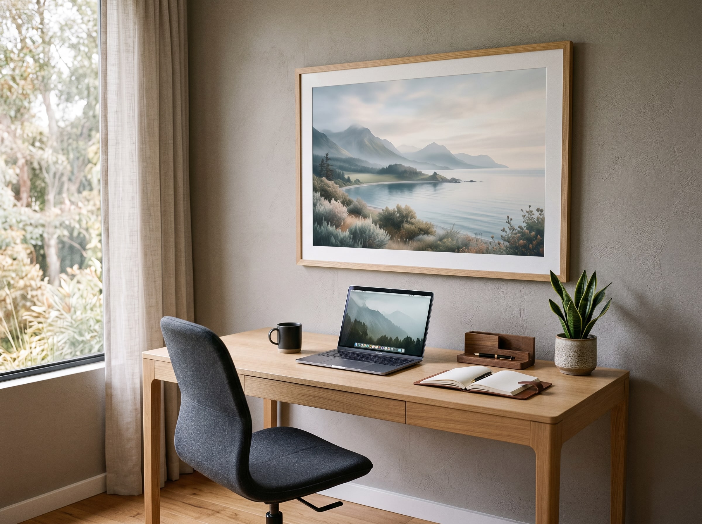 Home office with calming AI nature landscape and minimalist desk setup