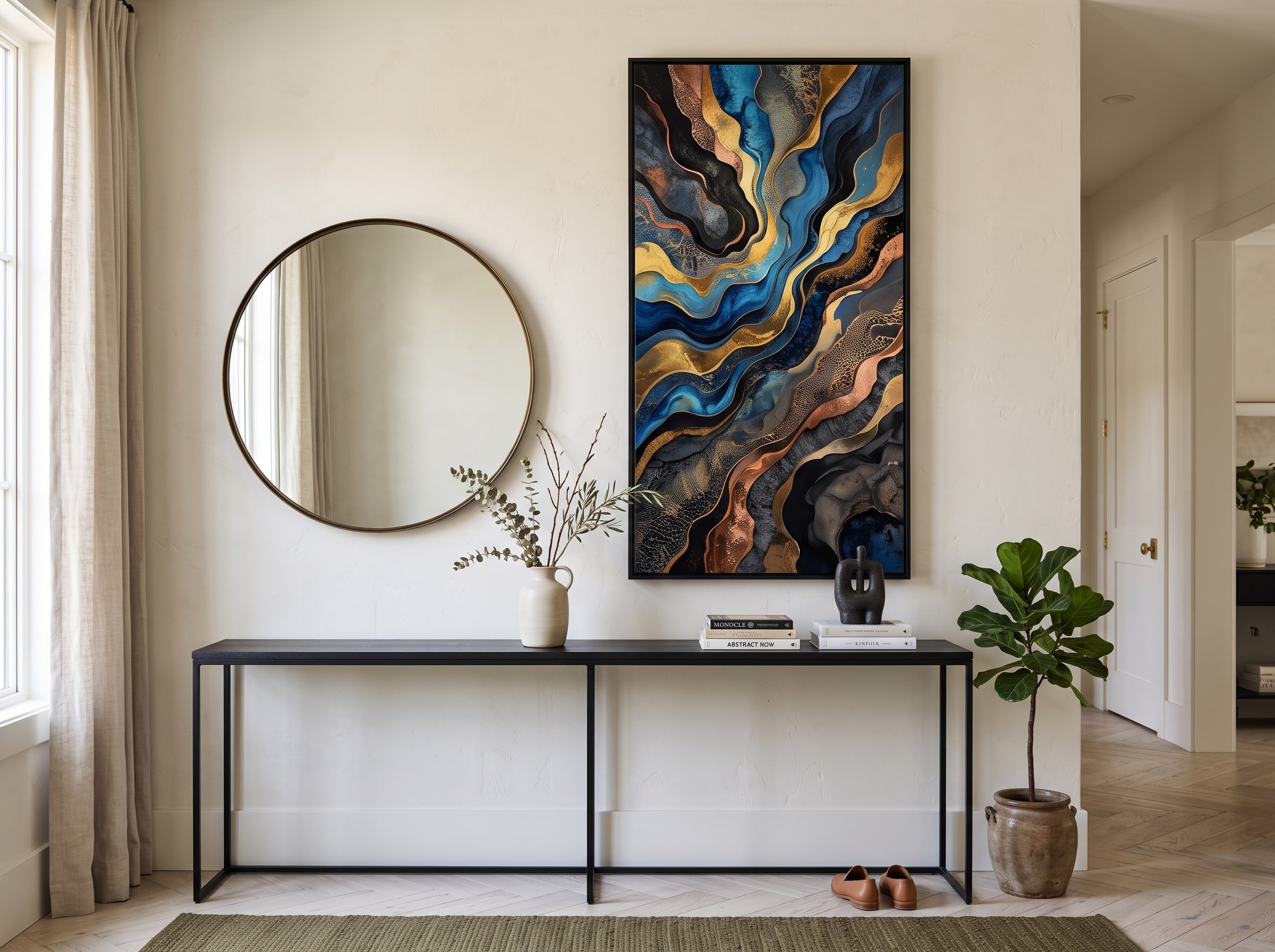 Entryway with a dramatic vertical AI art piece flanked by a round mirror and minimal console styling