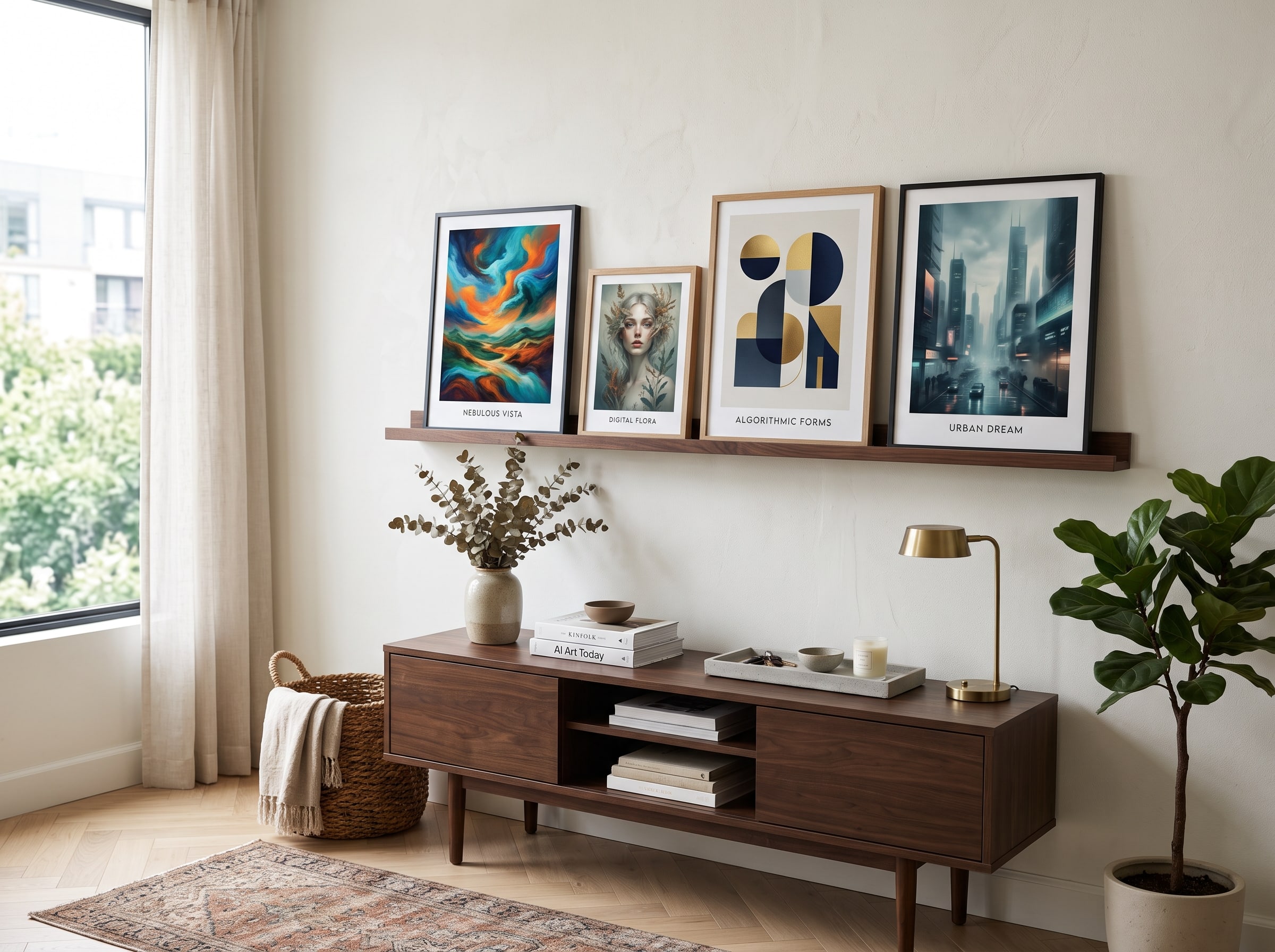 Budget-friendly picture ledge displaying rotating AI art prints above a styled console table