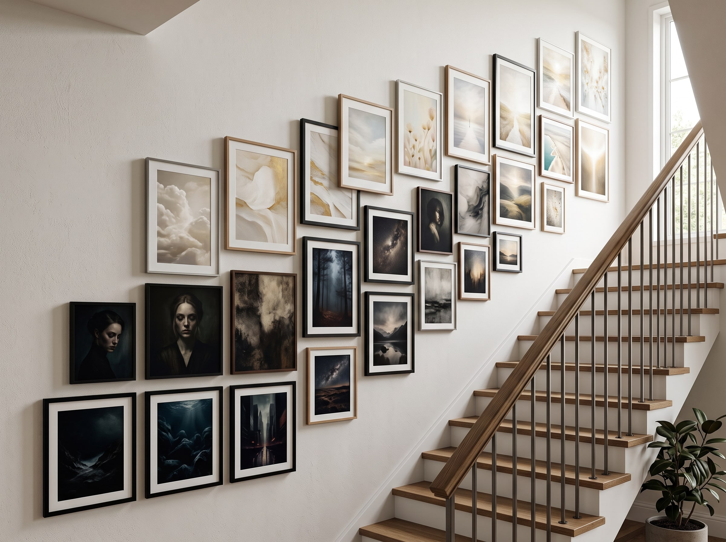 Stairway gallery wall with AI art progressing from dark tones at the bottom to light at the top