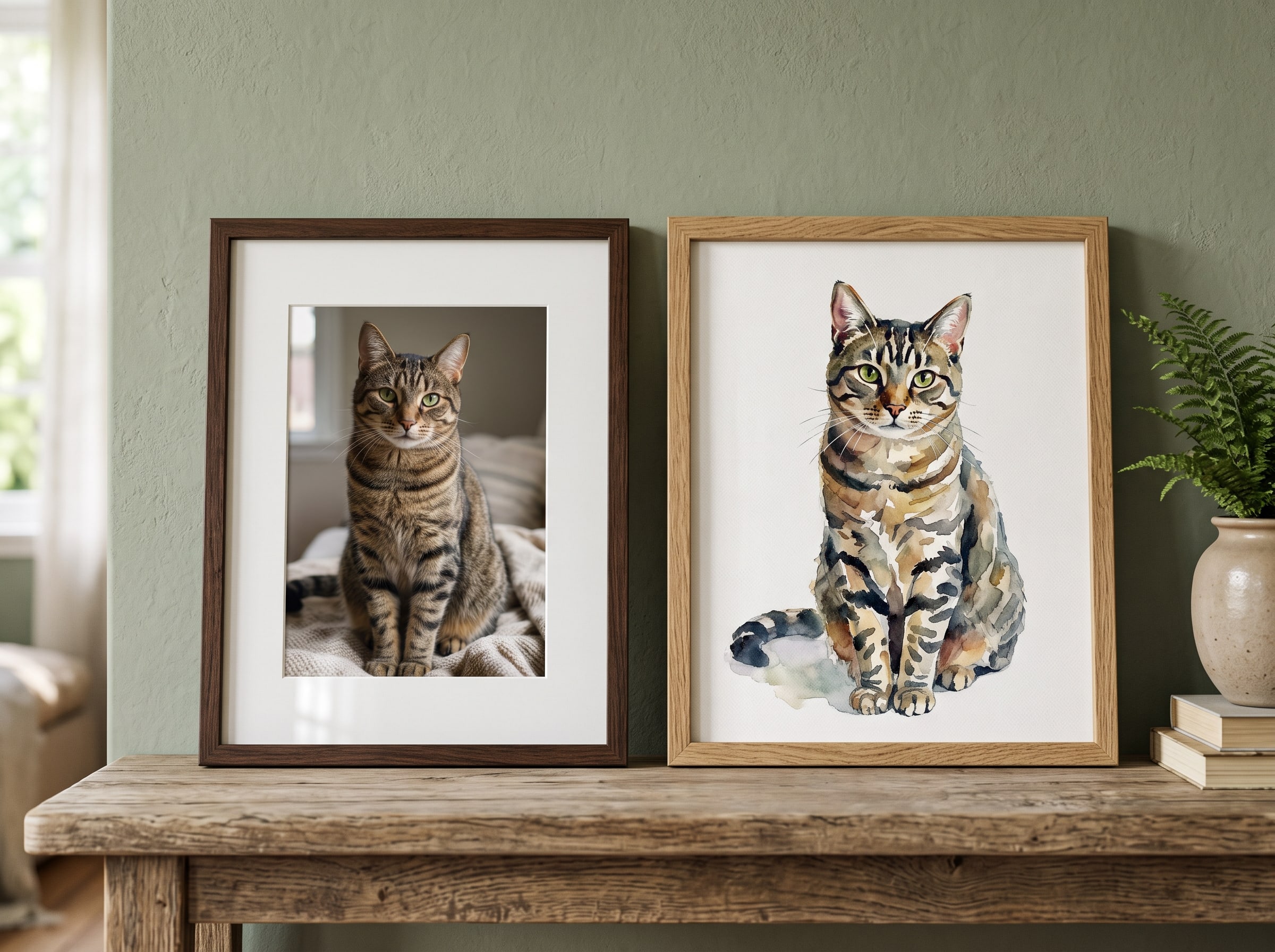Side-by-side comparison of a real tabby cat photo and its AI-generated watercolor portrait