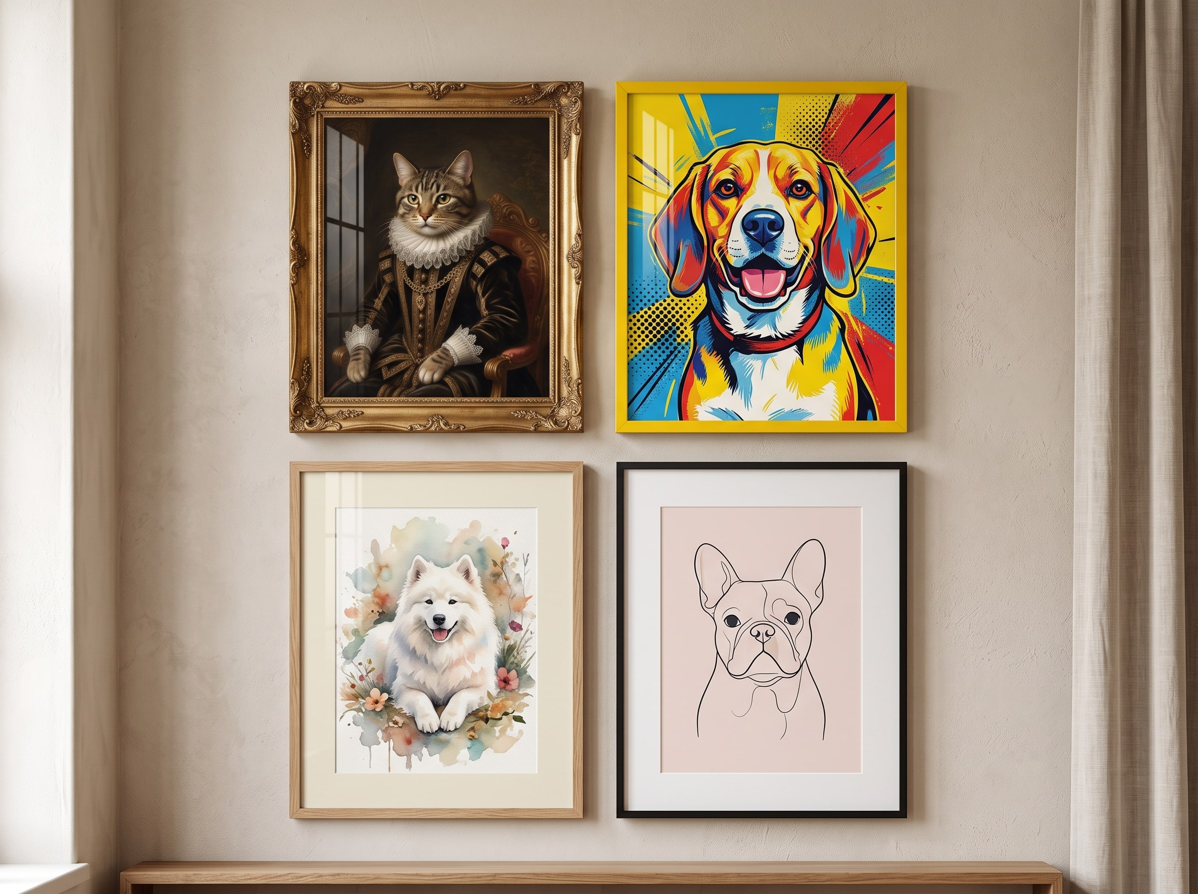 Grid of four AI pet portraits in Renaissance, pop art, watercolor, and minimal styles
