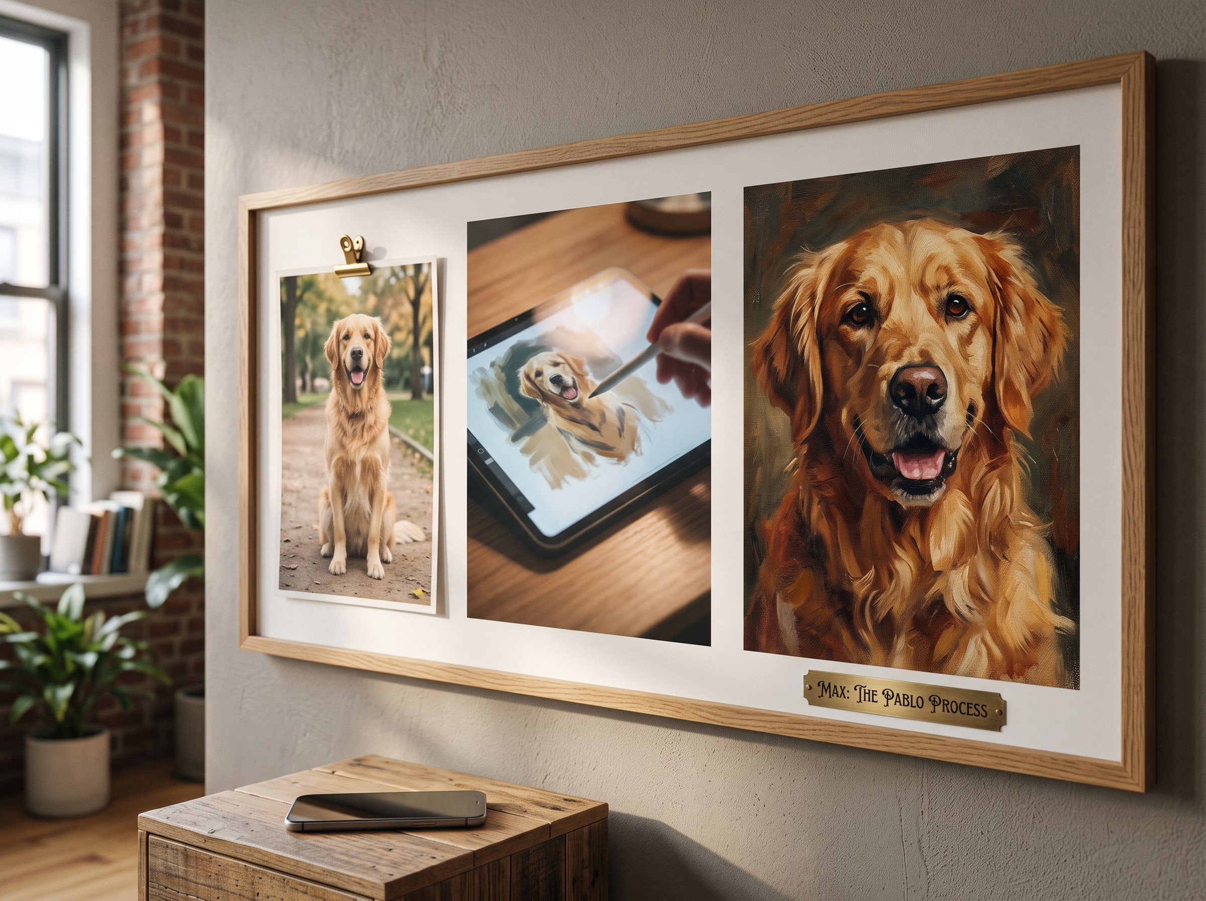 Screenshot-style mockup of the Pablo AI Pet Painter journey with a dog photo being transformed