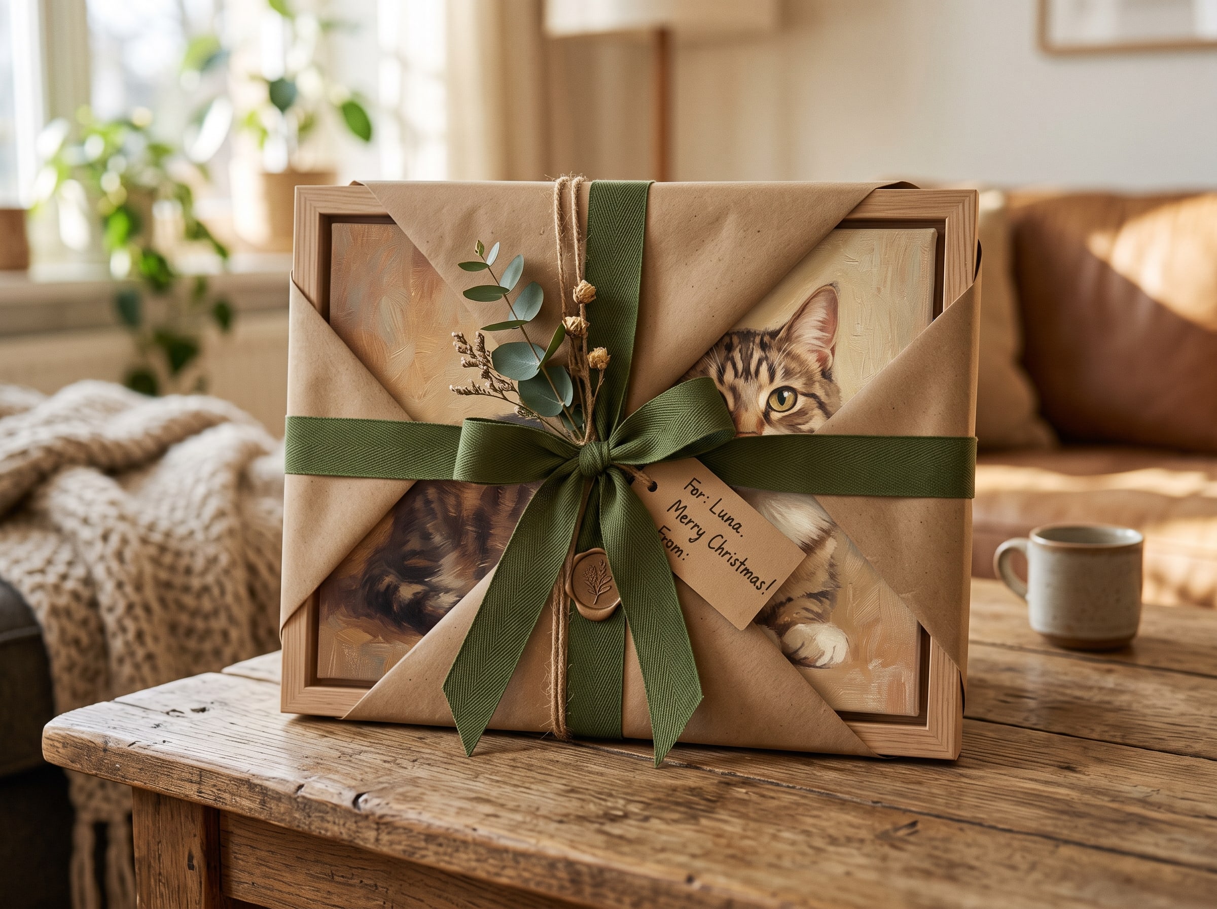 Framed AI pet portrait wrapped in kraft paper with a ribbon, ready to gift