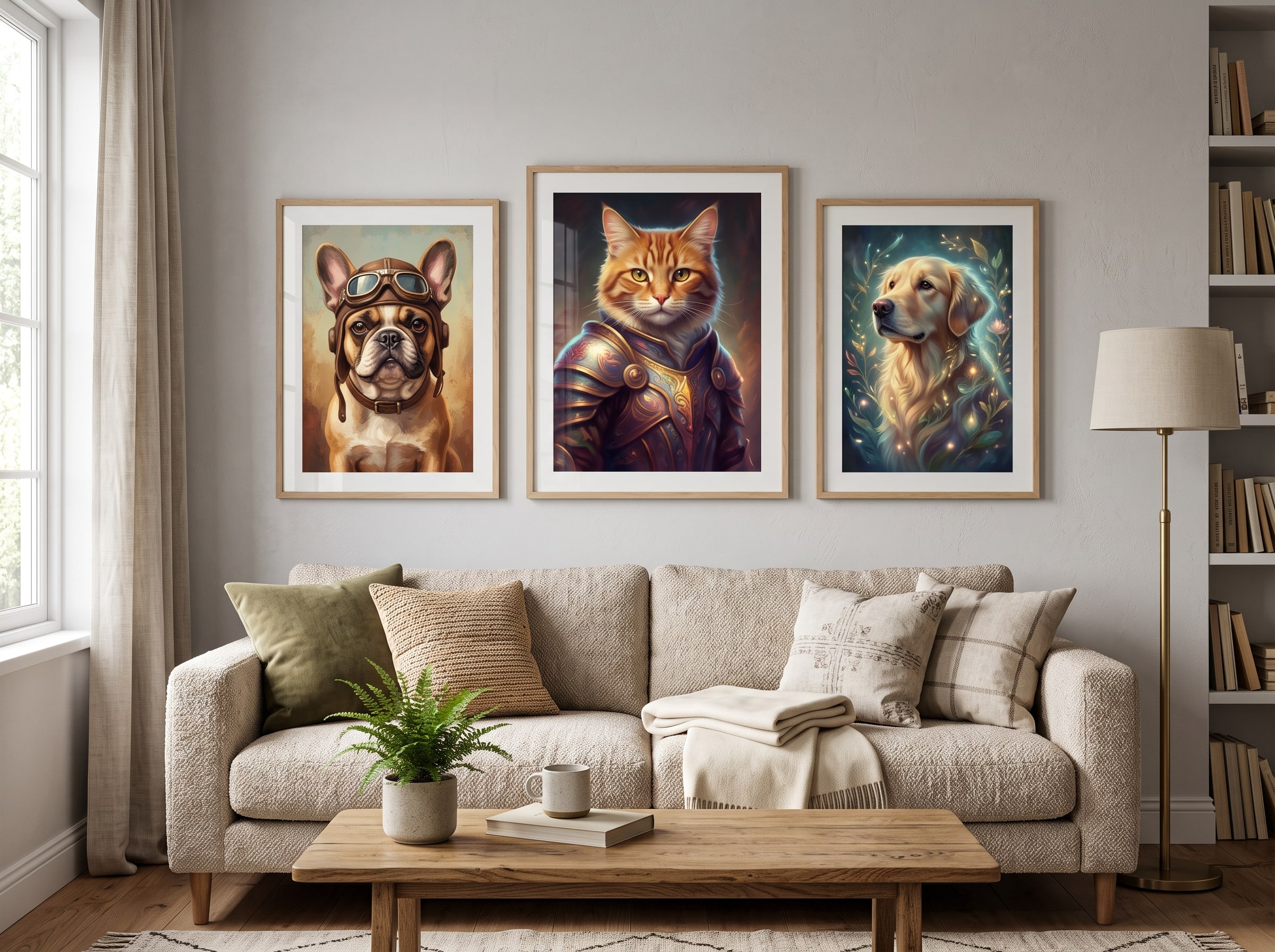 Living room wall displaying three framed AI pet portraits above a cozy sofa