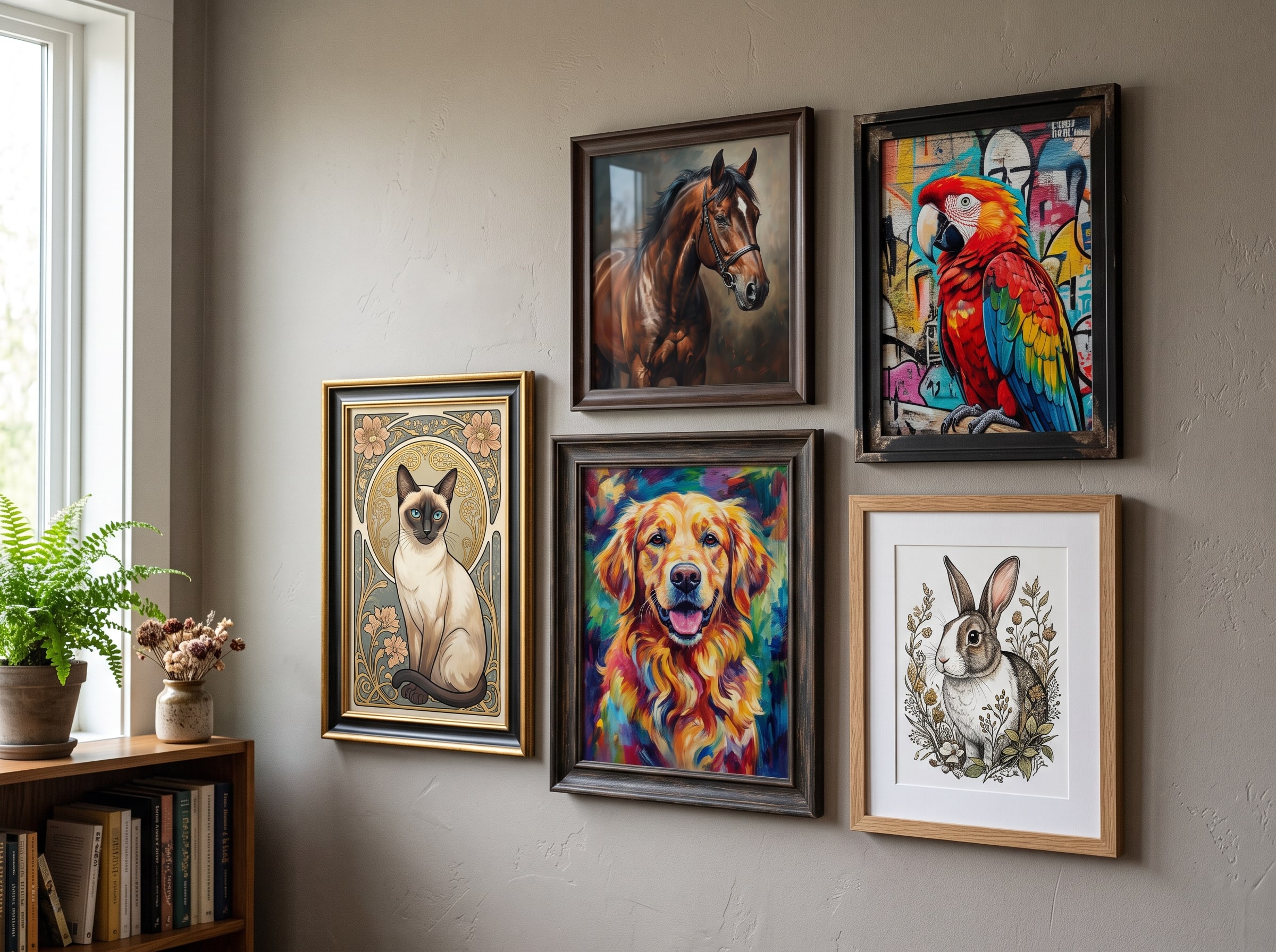 Collage of AI pet portraits featuring a dog, cat, parrot, rabbit, and horse in distinct art styles