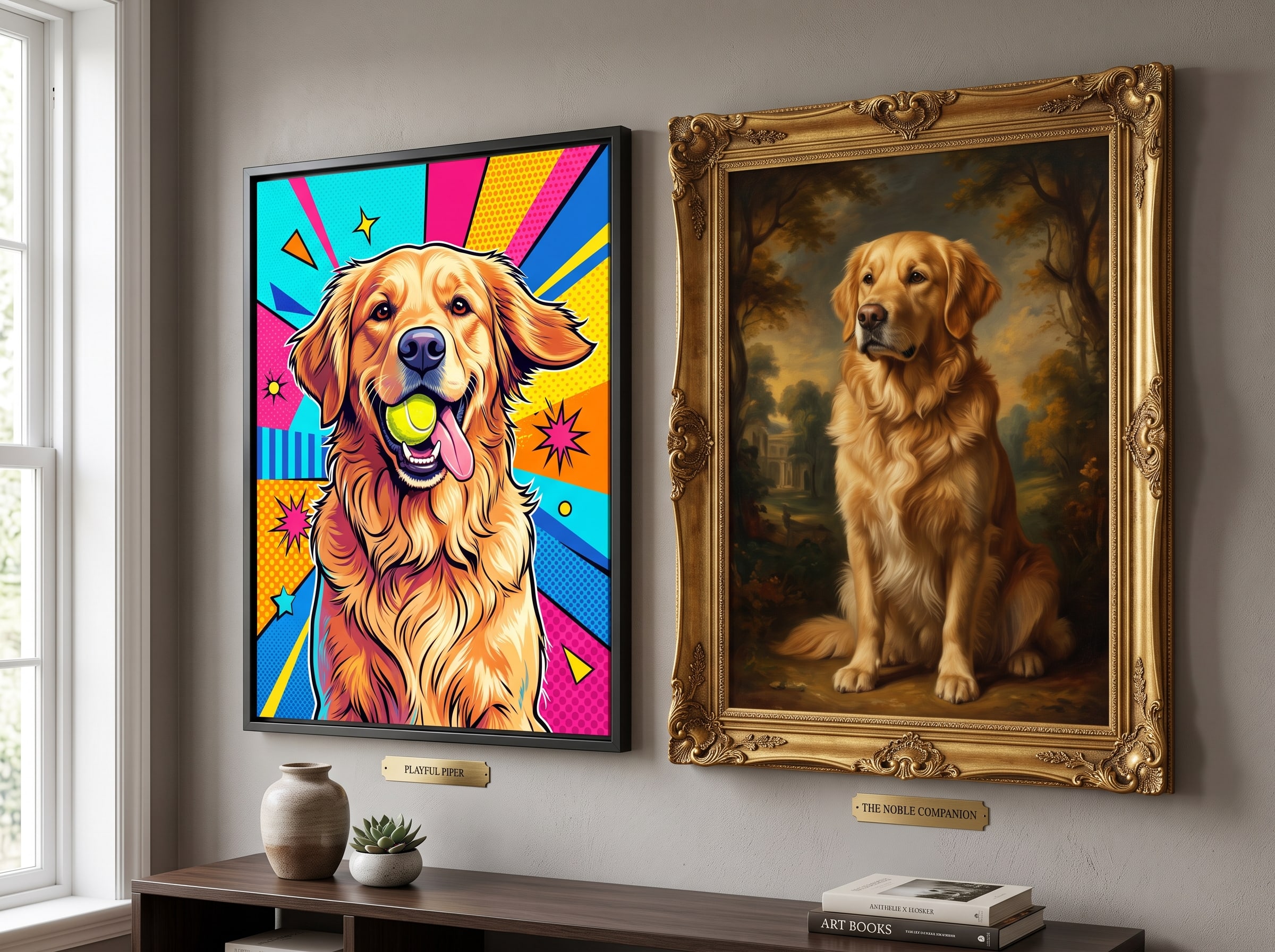 Two AI pet portraits of the same dog — one playful pop art, one dignified classical — showing how photo choice changes mood