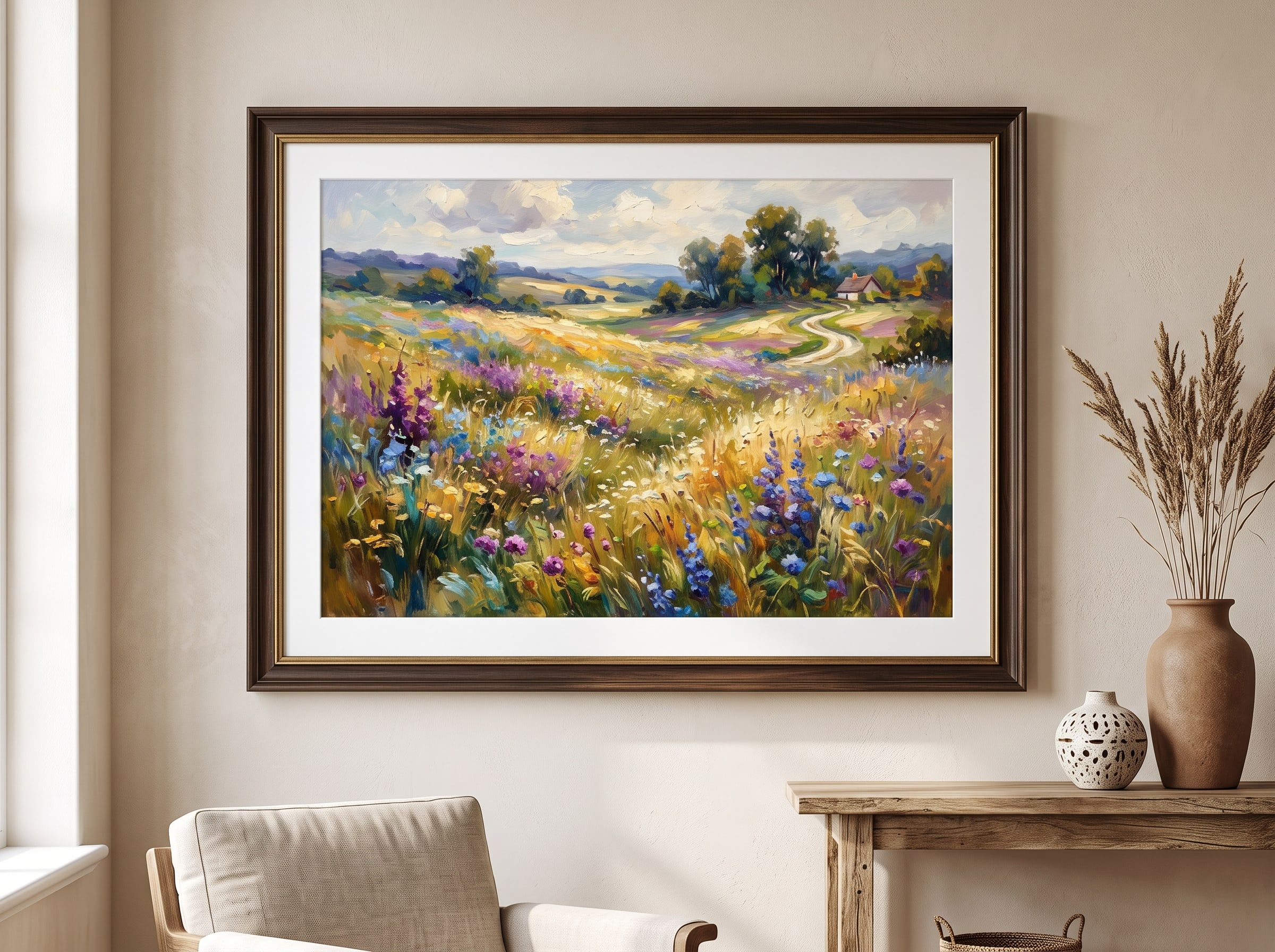 An AI-generated impressionist landscape of a sunlit meadow with visible brushstrokes, displayed as a framed wall print
