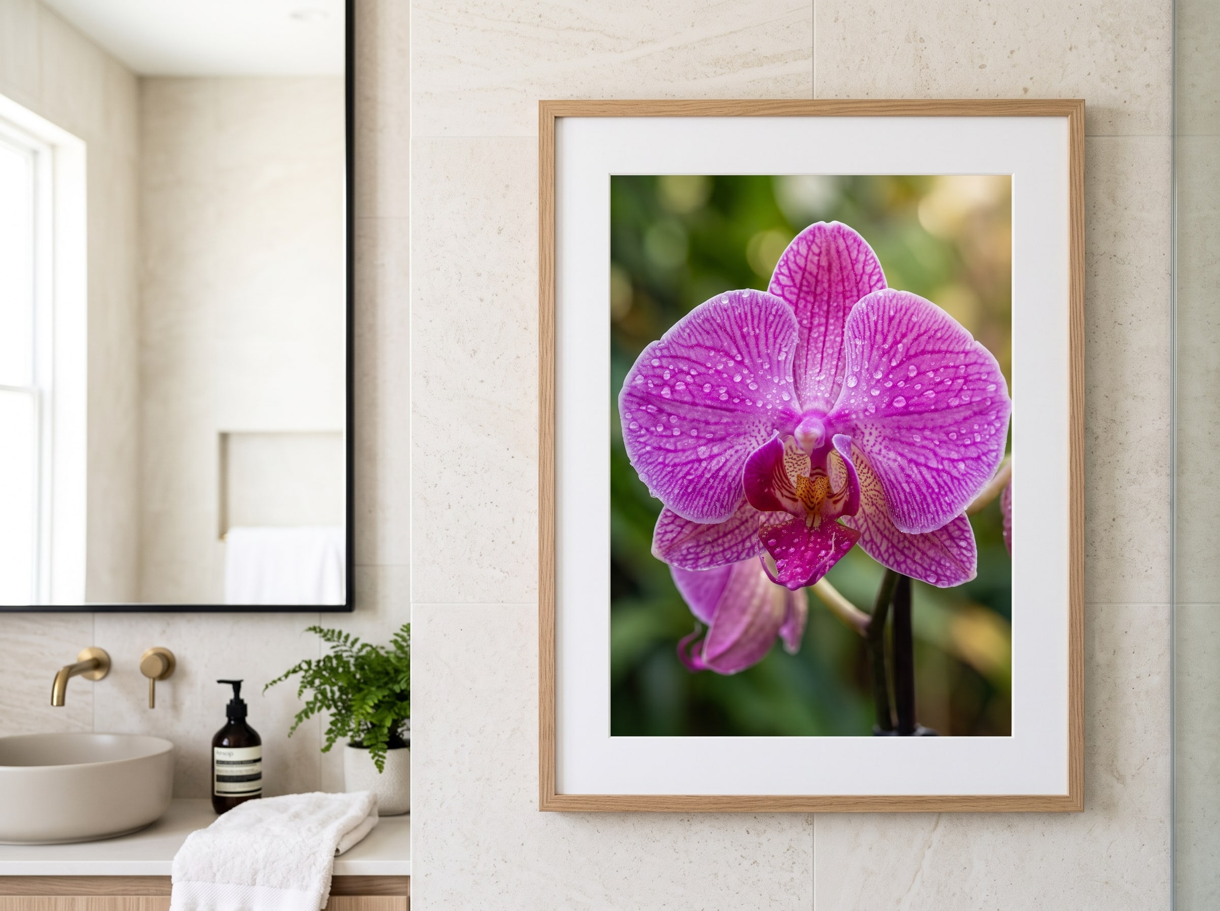 An AI-generated botanical macro print of a dewy orchid flower, framed and hung in a bright bathroom