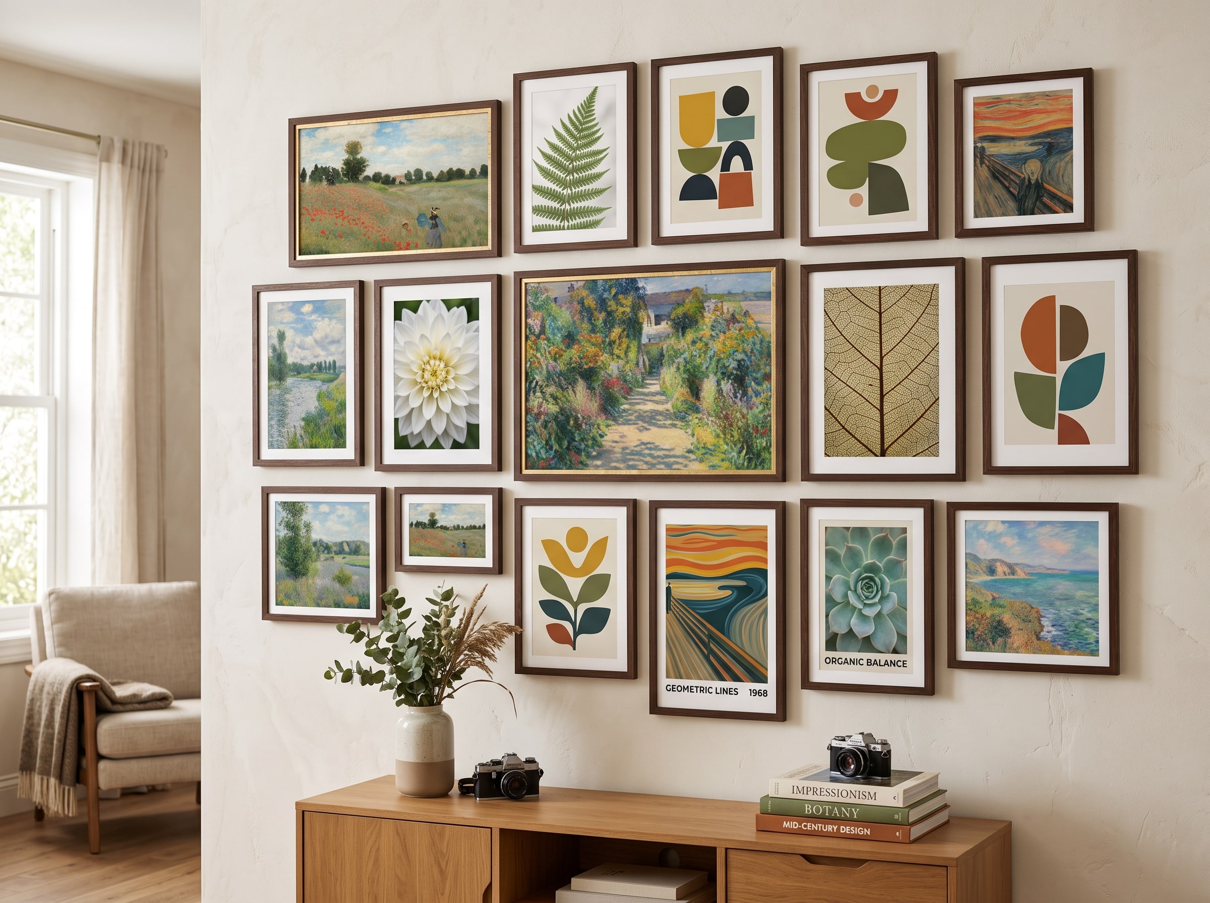 A curated gallery wall mixing impressionist landscapes, botanical macros, and mid-century prints in matching frames