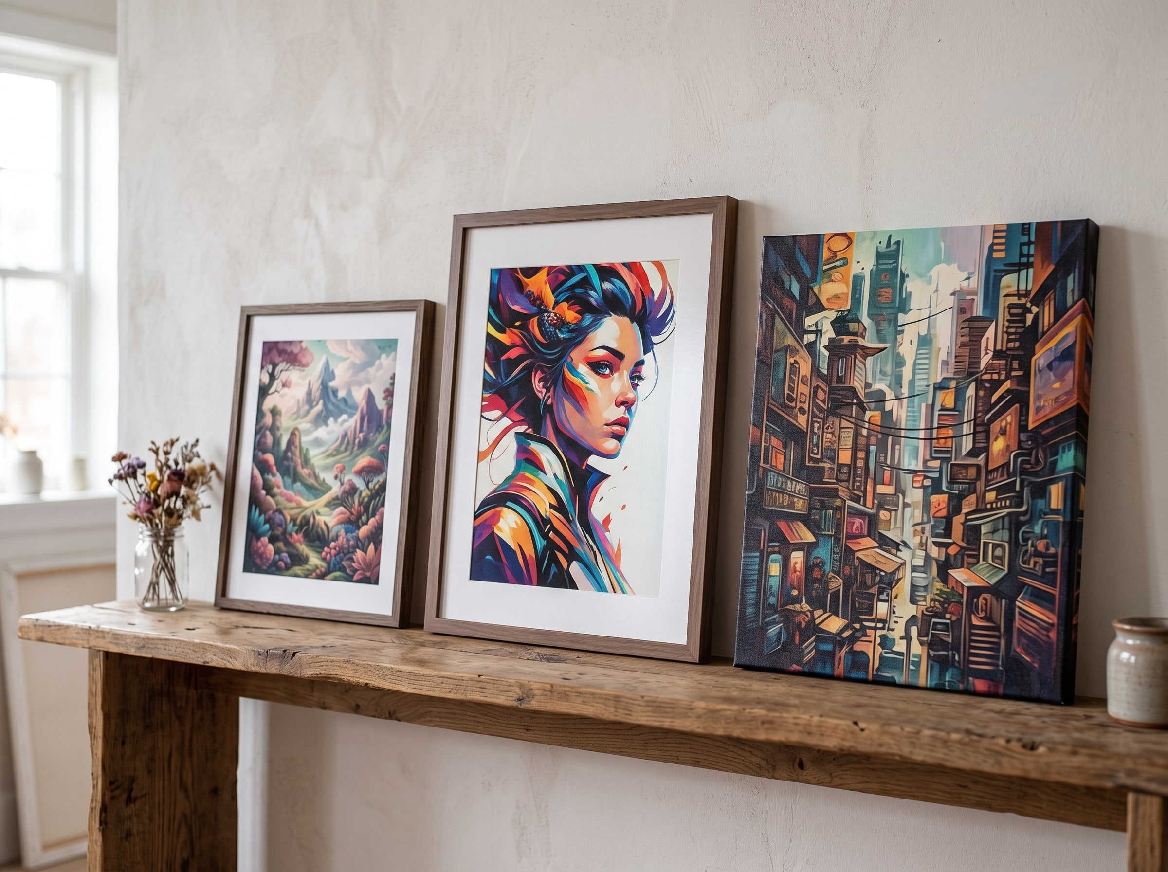 Side-by-side comparison of AI art prints on matte paper, lustre paper, and canvas wrap