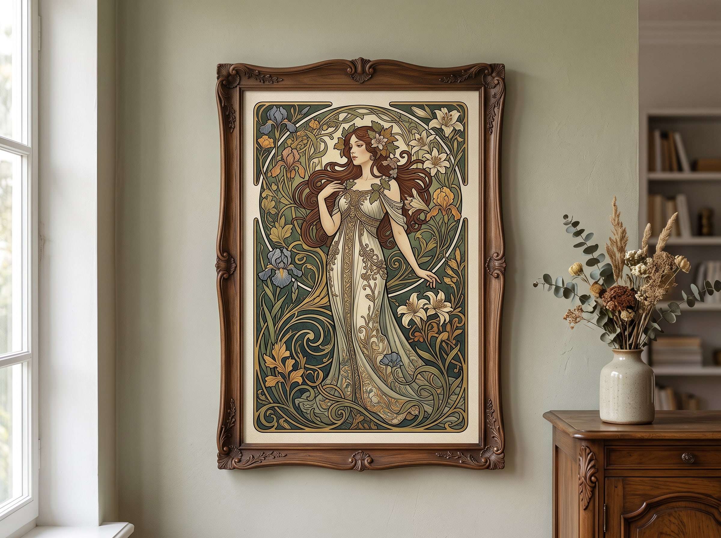 An AI-generated Art Nouveau illustration with flowing botanical lines and elegant figure, framed as wall art