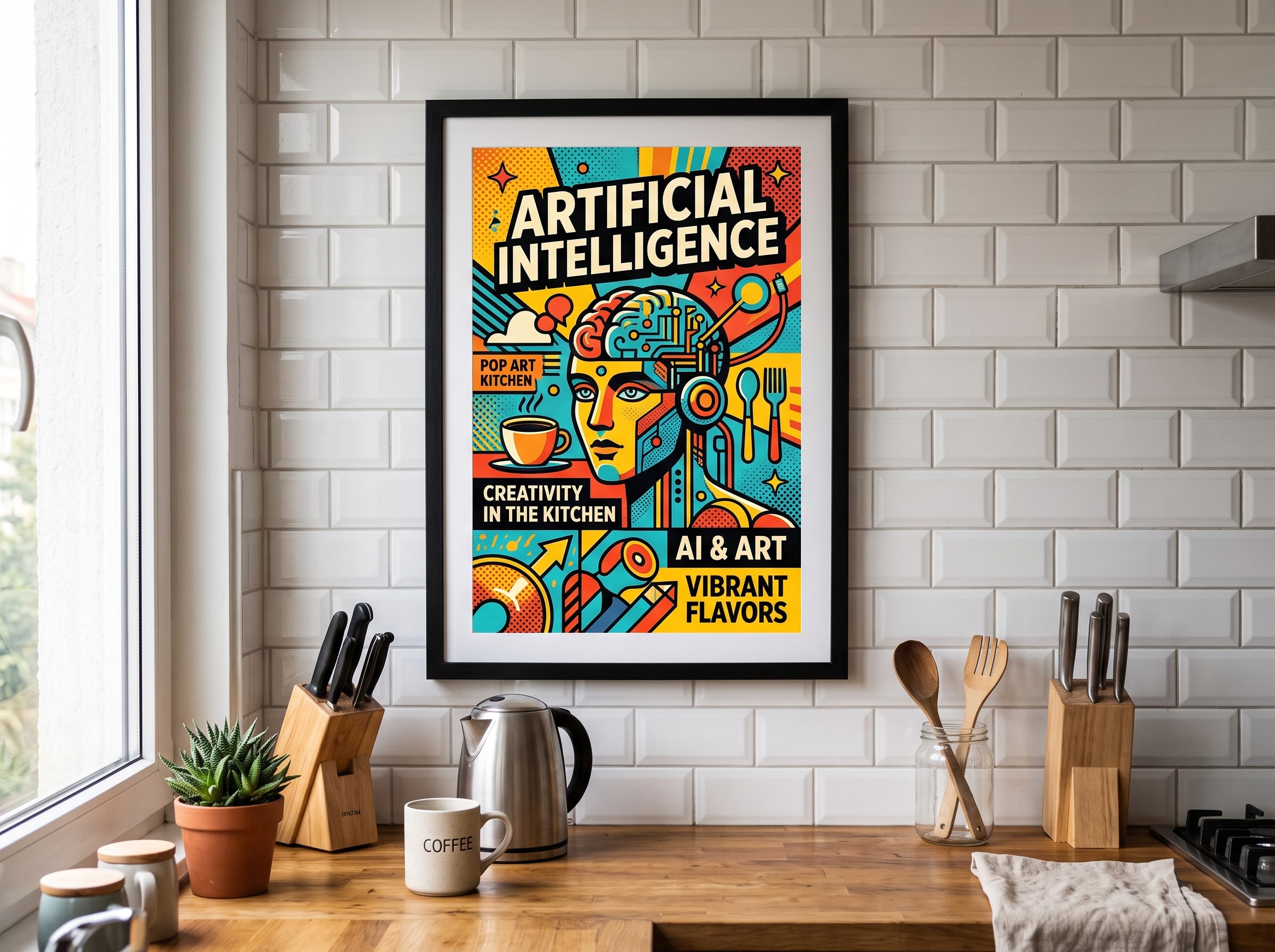 A bold AI-generated pop art poster with high-contrast colors and graphic shapes on a kitchen wall