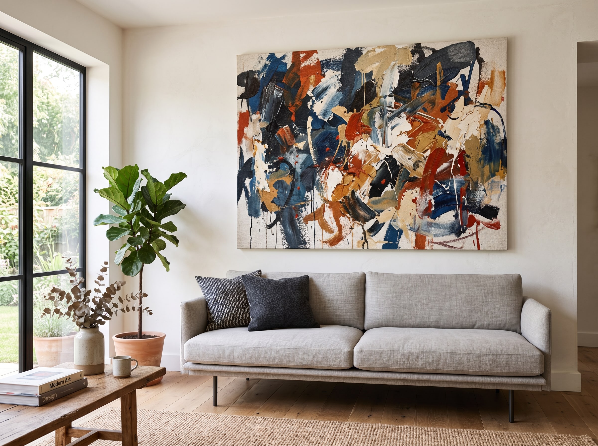 A large AI-generated abstract expressionist print with bold gestural brushstrokes hanging above a minimalist sofa