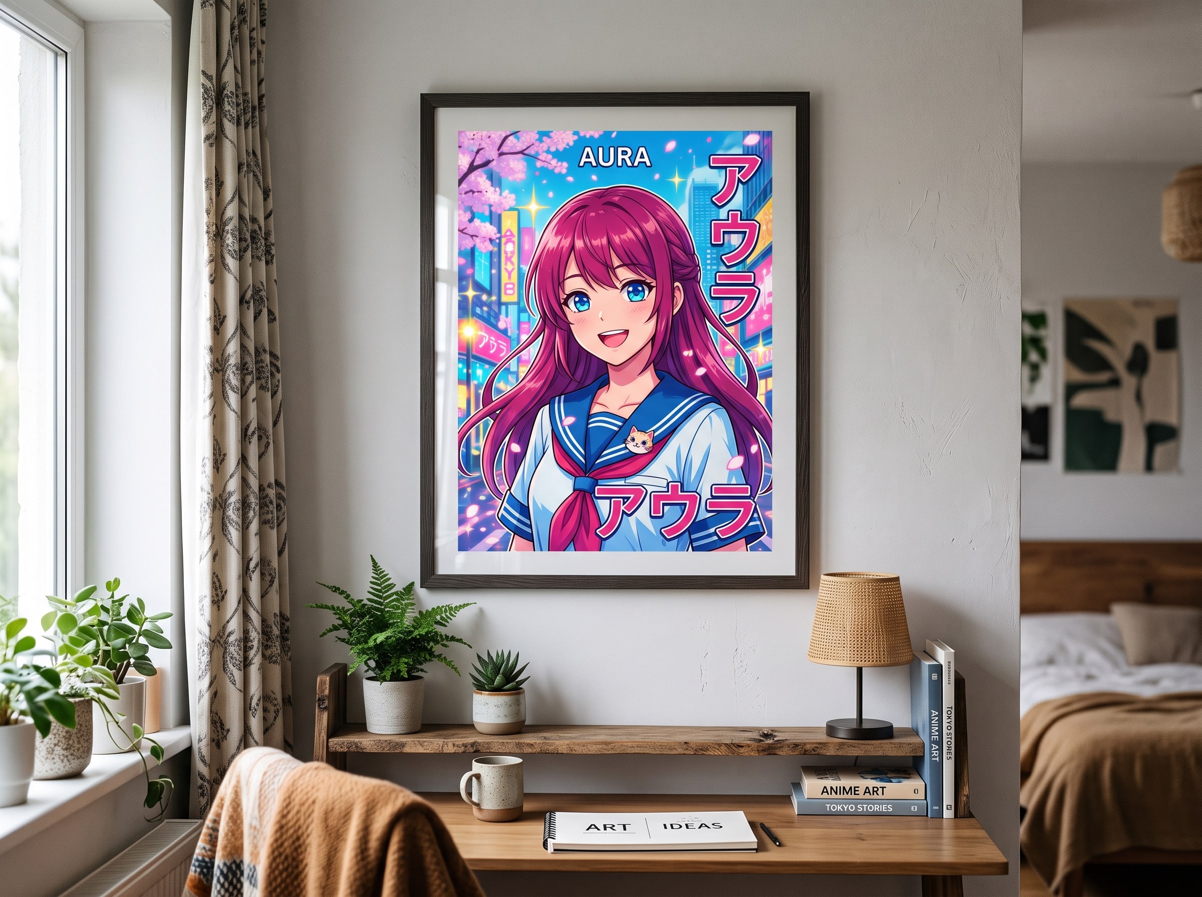 An AI-generated anime-style character portrait printed as a vibrant poster in a bedroom