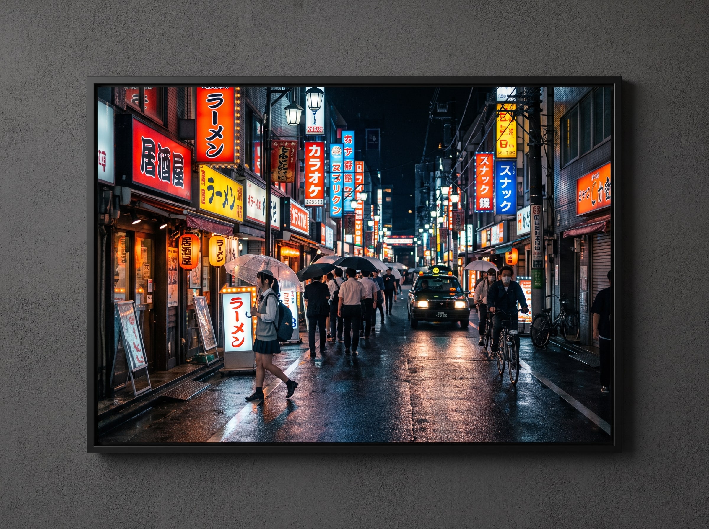 A cinematic AI-generated street scene at night with neon reflections, printed as a large widescreen wall art piece