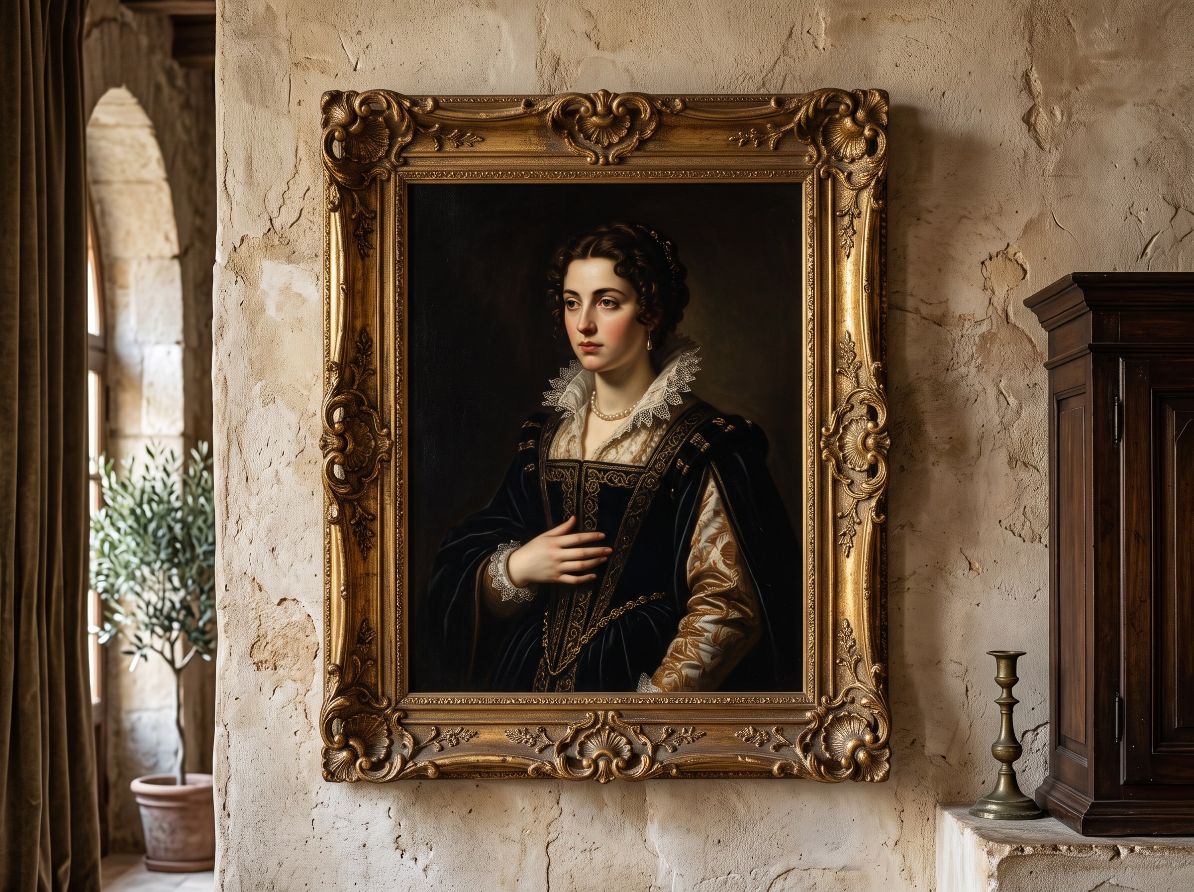 An AI-generated Renaissance-style portrait with dramatic chiaroscuro lighting, displayed in an ornate frame