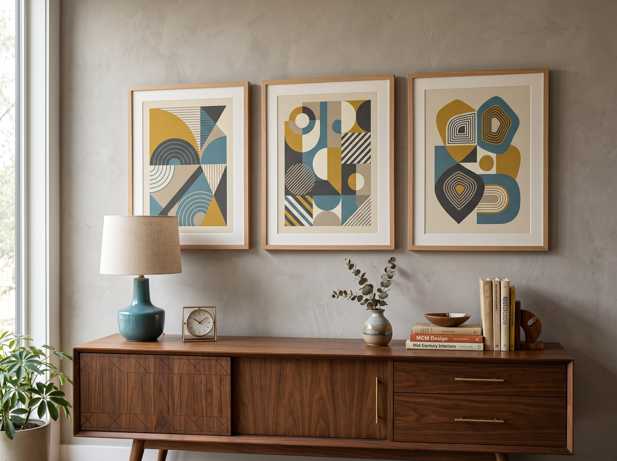 A triptych of AI-generated mid-century modern geometric prints in muted mustard and teal tones above a credenza