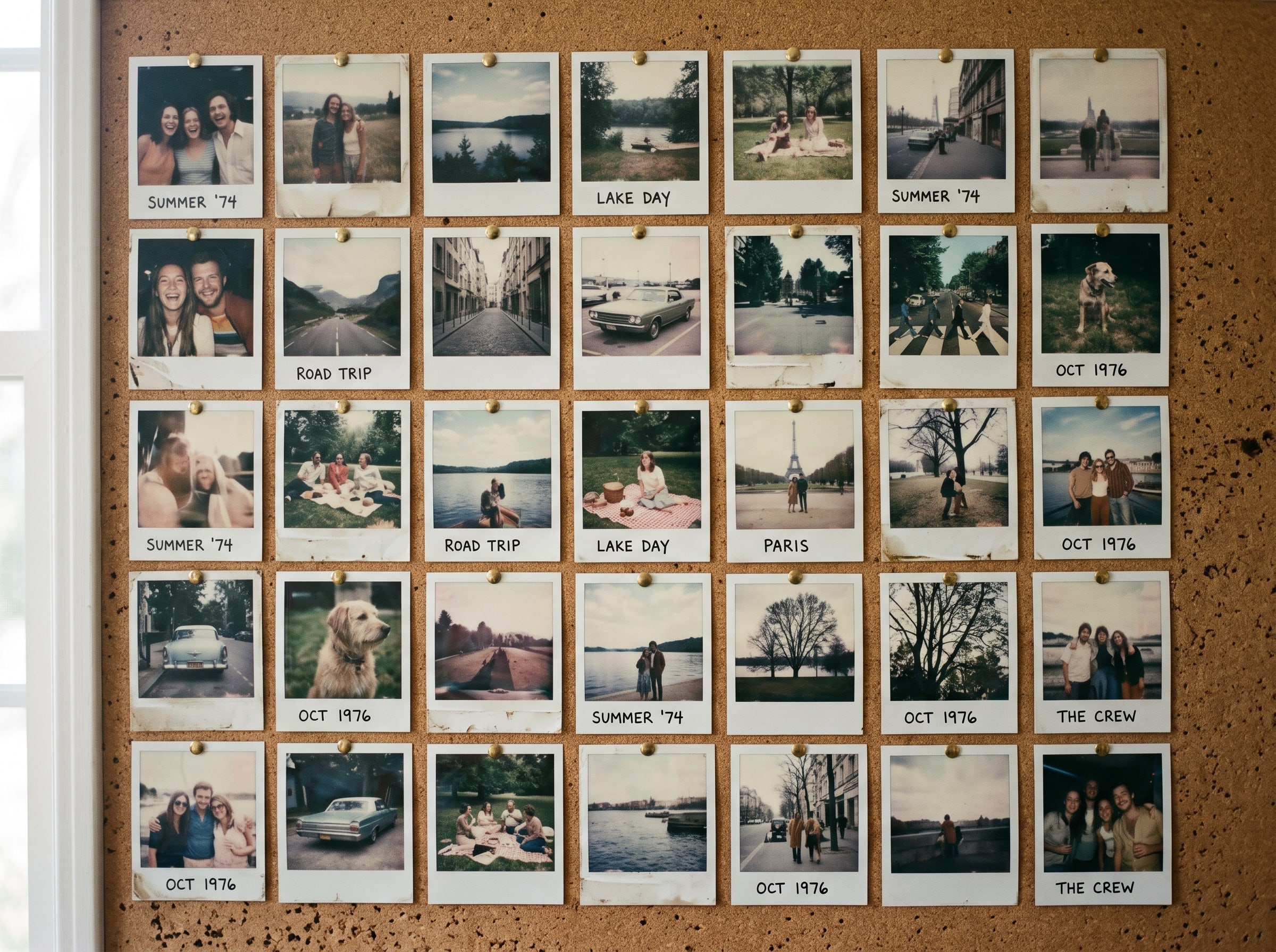 A grid of AI-generated vintage Polaroid-style prints with faded colors and white borders on a cork board wall
