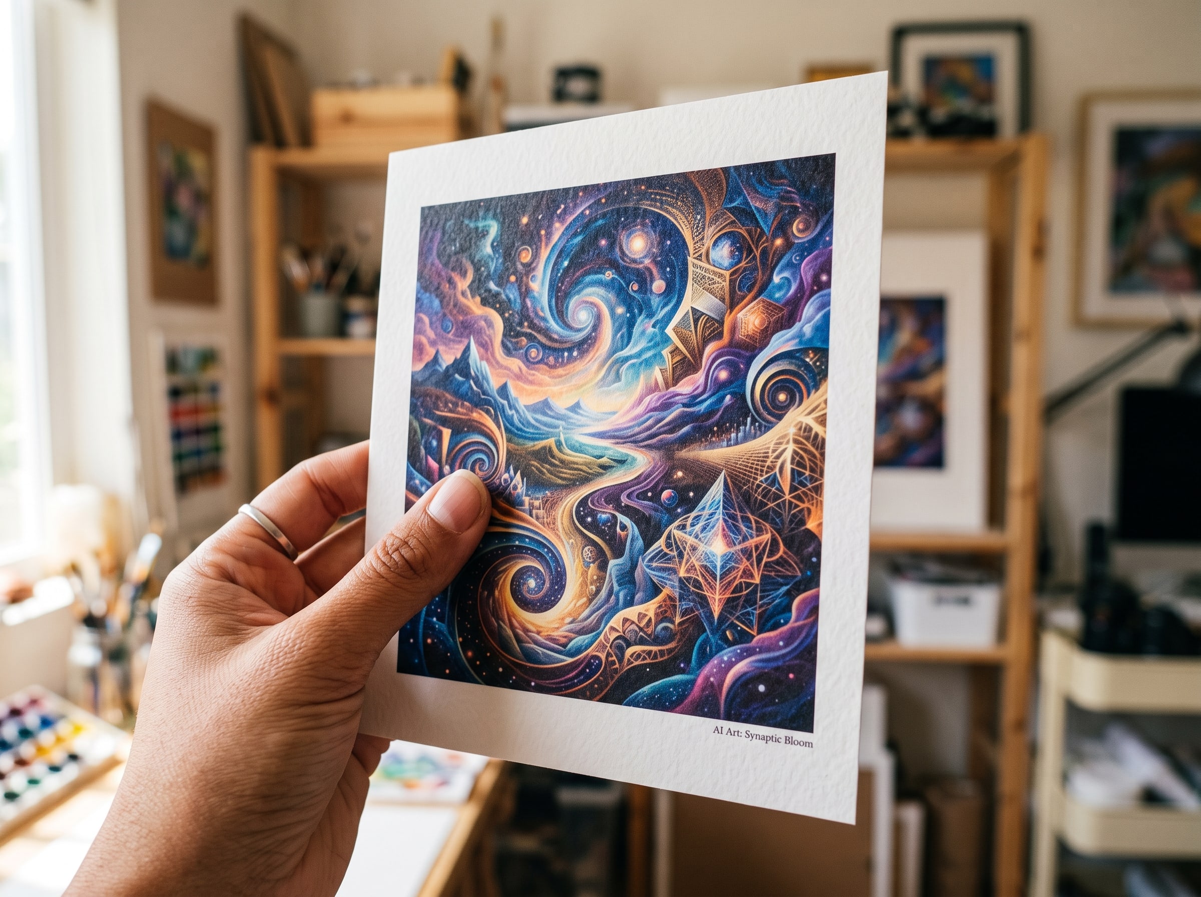 Close-up of a hand holding a freshly printed AI art piece, showing paper texture and color depth
