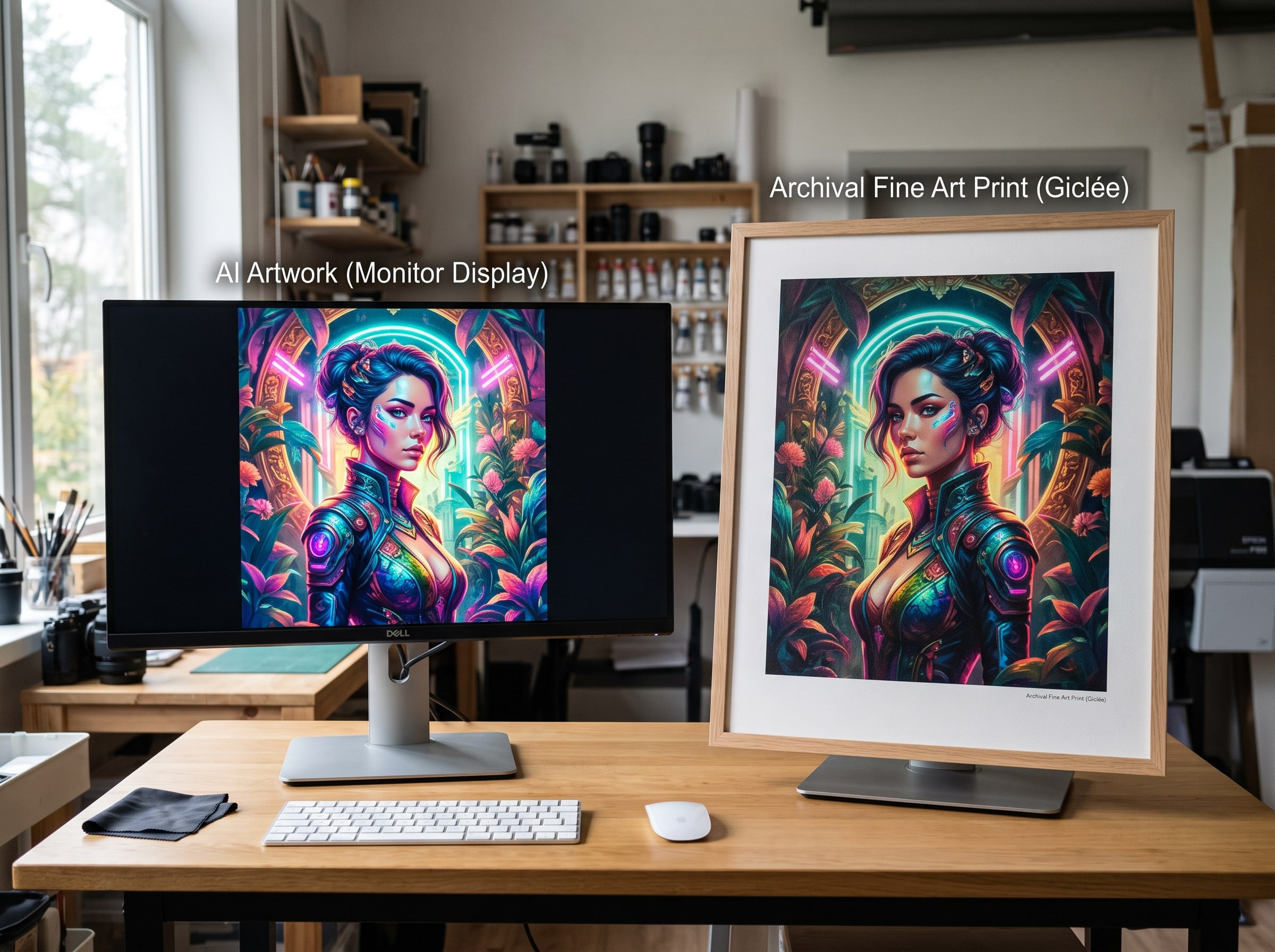 Side-by-side comparison of a digital AI artwork on a monitor and the same image prepared for high-resolution printing