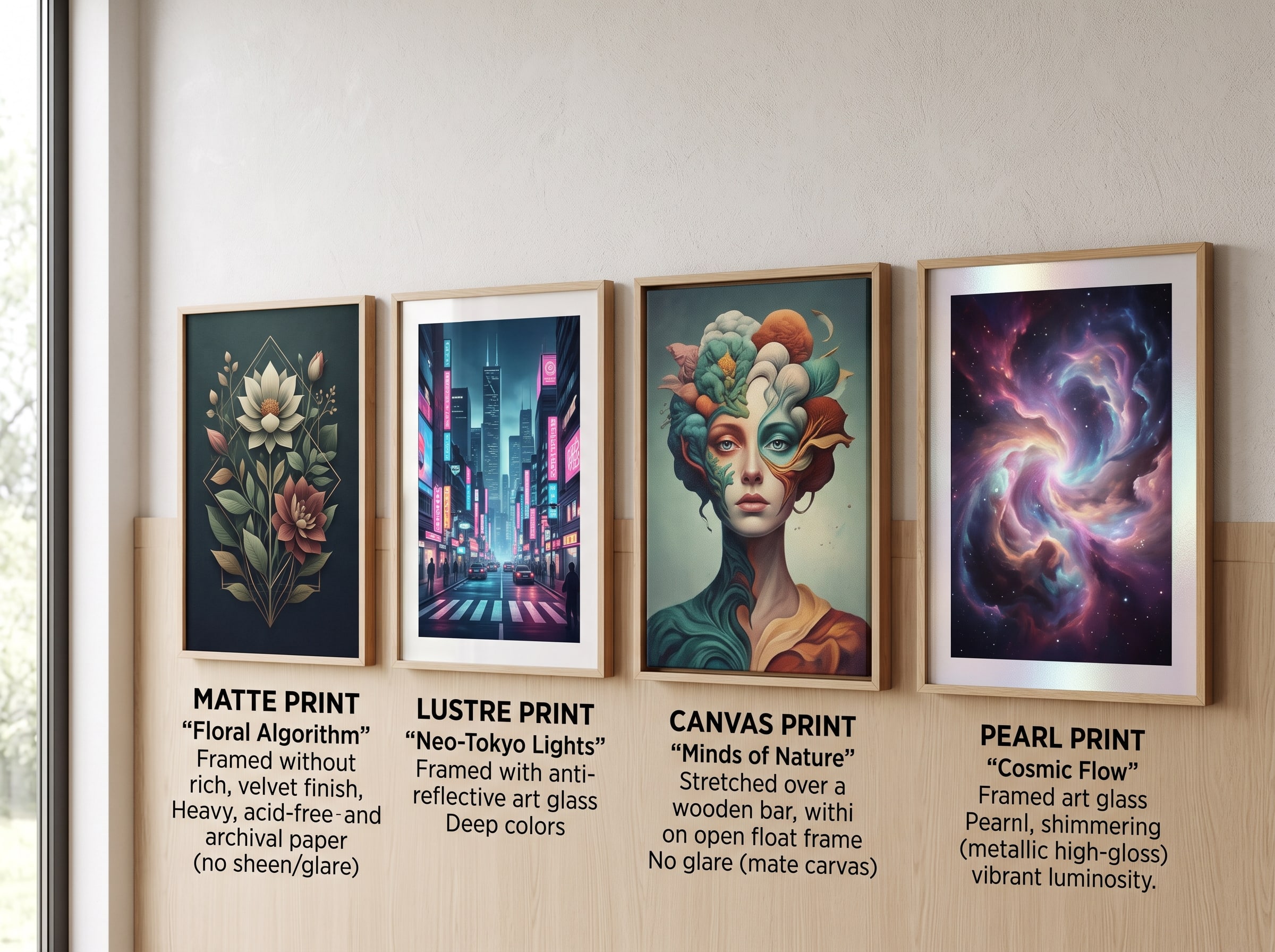 Four AI art prints on different paper types — matte, lustre, canvas, and pearl — displayed side by side