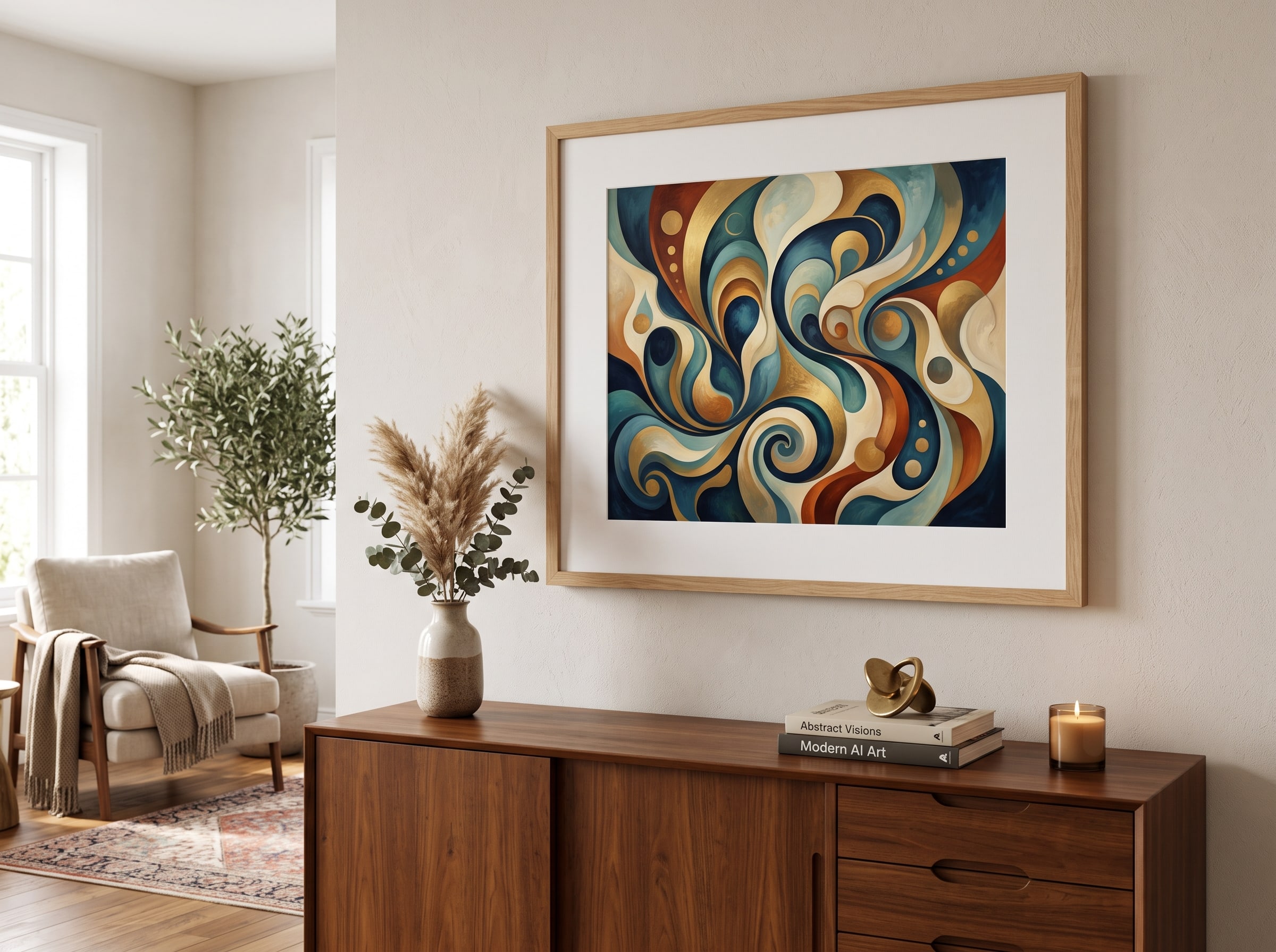 An AI art print in a natural wood frame with white matting, displayed above a sideboard in a styled living room