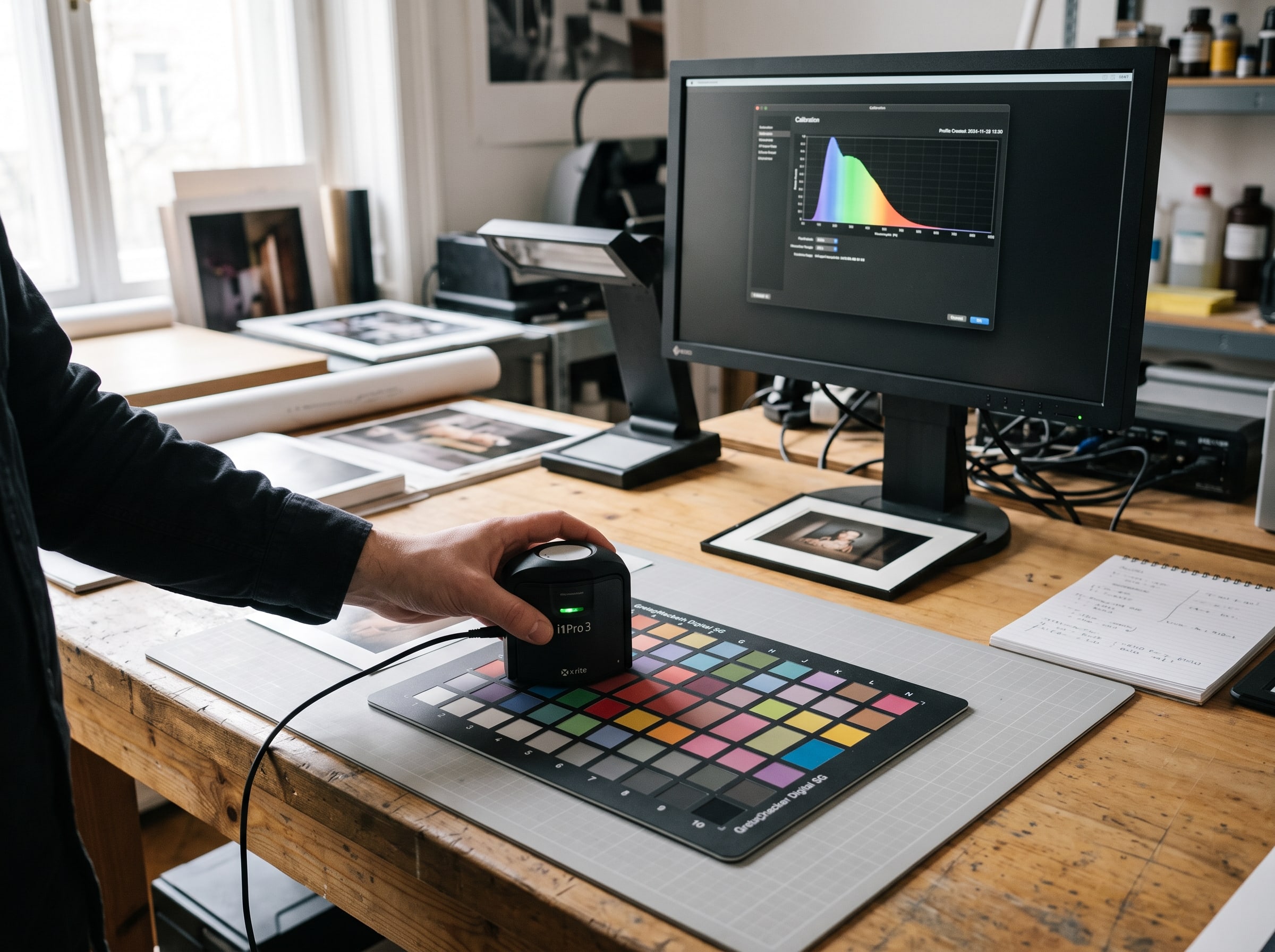 A color calibration chart and spectrophotometer on a print lab workstation