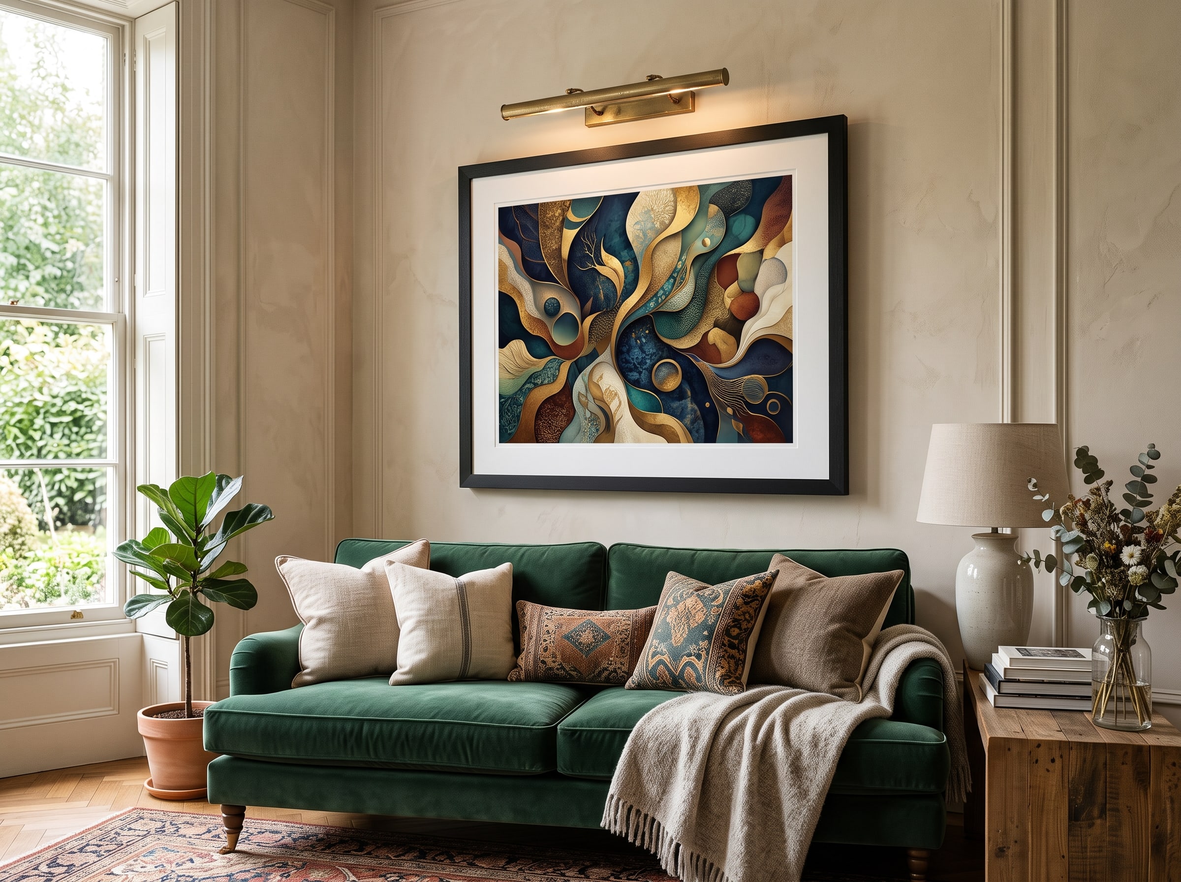 A properly hung AI art print above a sofa at the correct height, with a picture light illuminating the frame