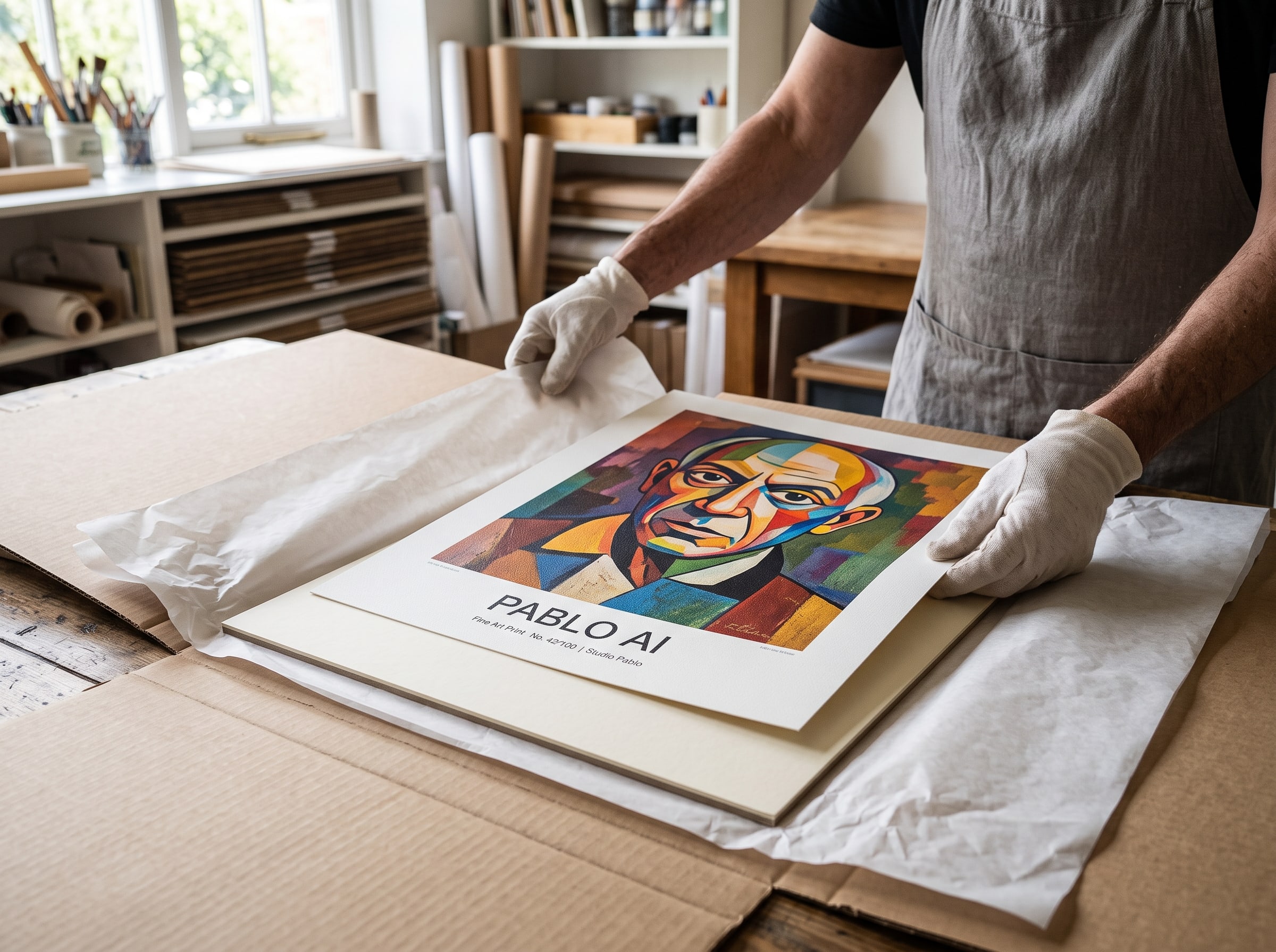 A Pablo AI print being carefully placed into protective flat-packaging with tissue paper and rigid backing
