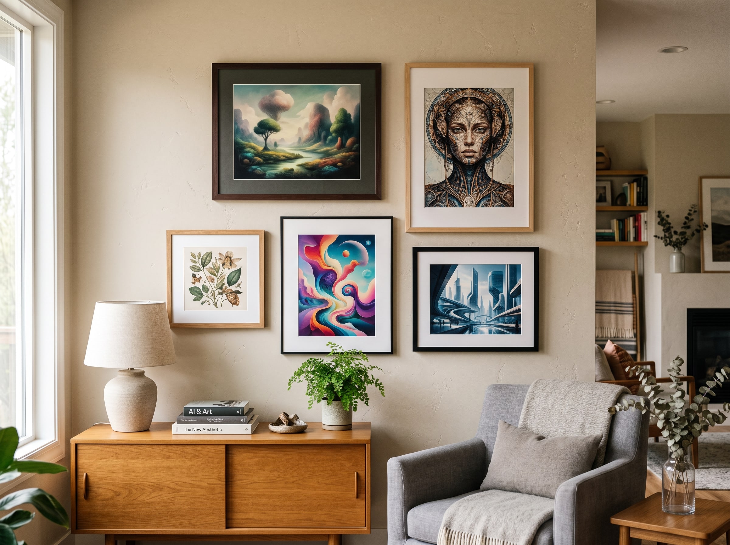 A collection of framed AI art prints displayed in a well-lit living room, away from direct sunlight