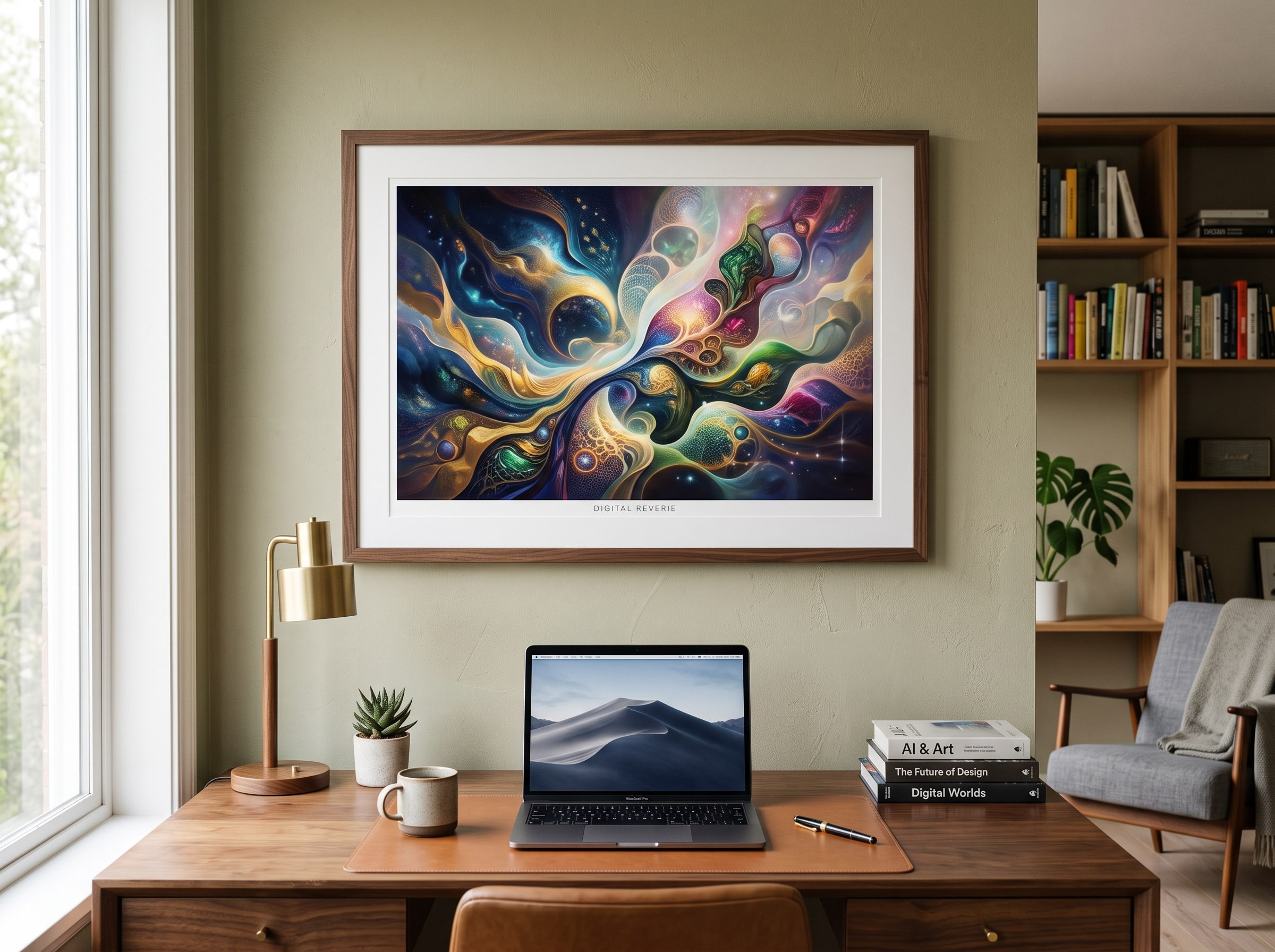 Framed AI art print hanging in a home office
