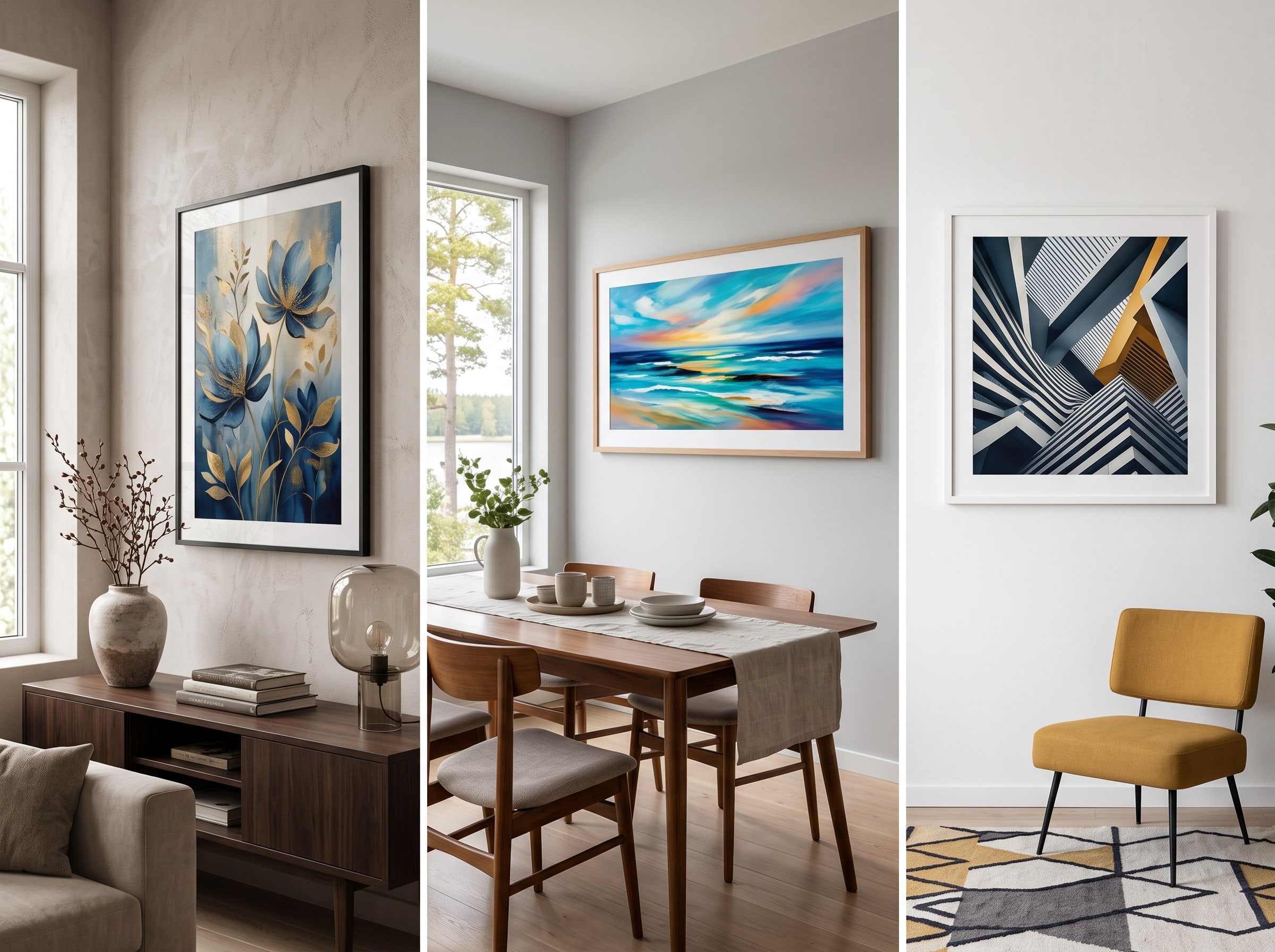 Three AI art prints in portrait, landscape, and square formats shown in different room settings