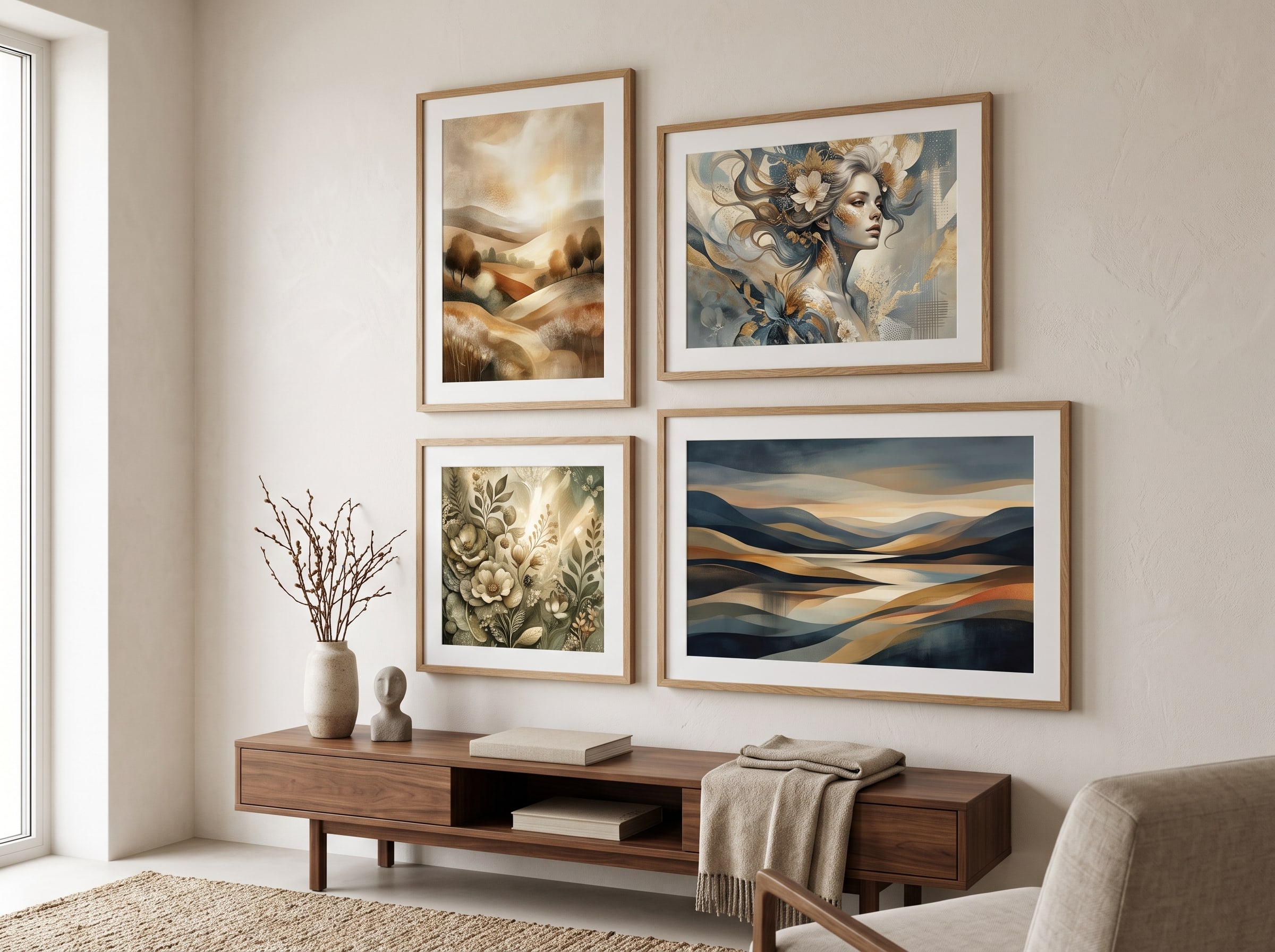 A coordinated gallery wall of four AI art prints in matching tones and mixed aspect ratios
